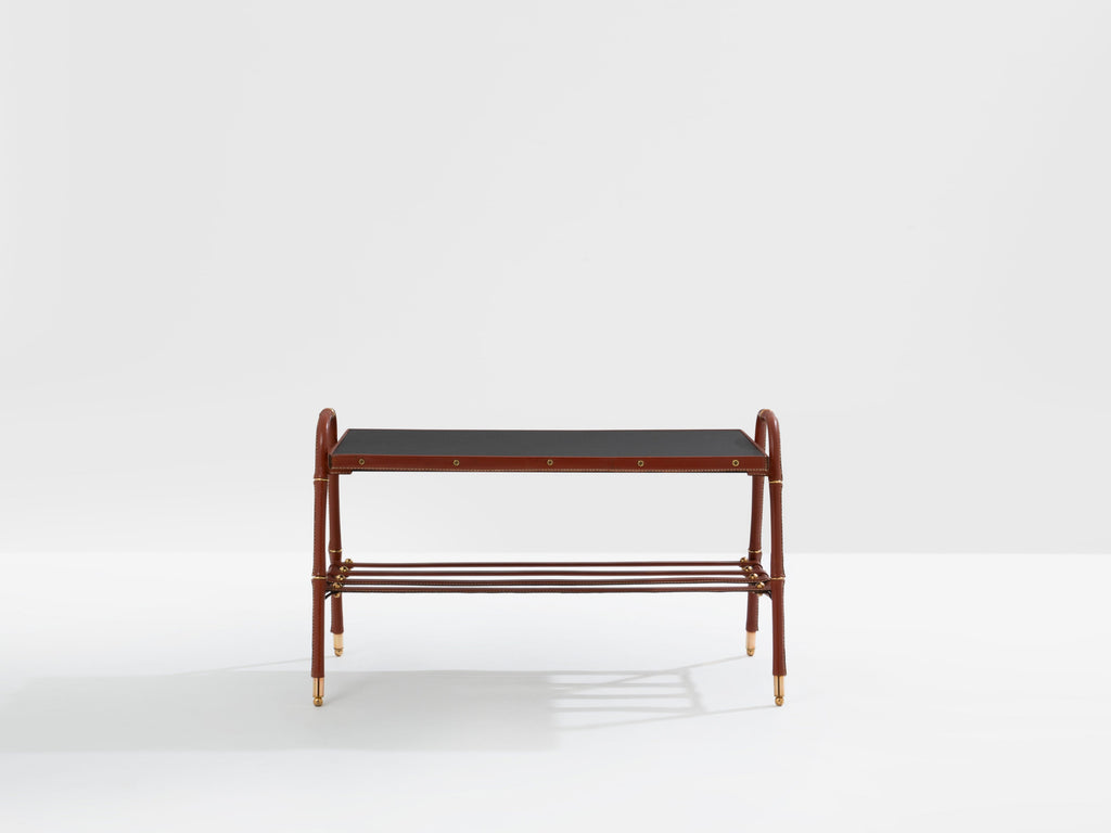 Jacques Adnet pique sellier red leather brass coffee table 1950