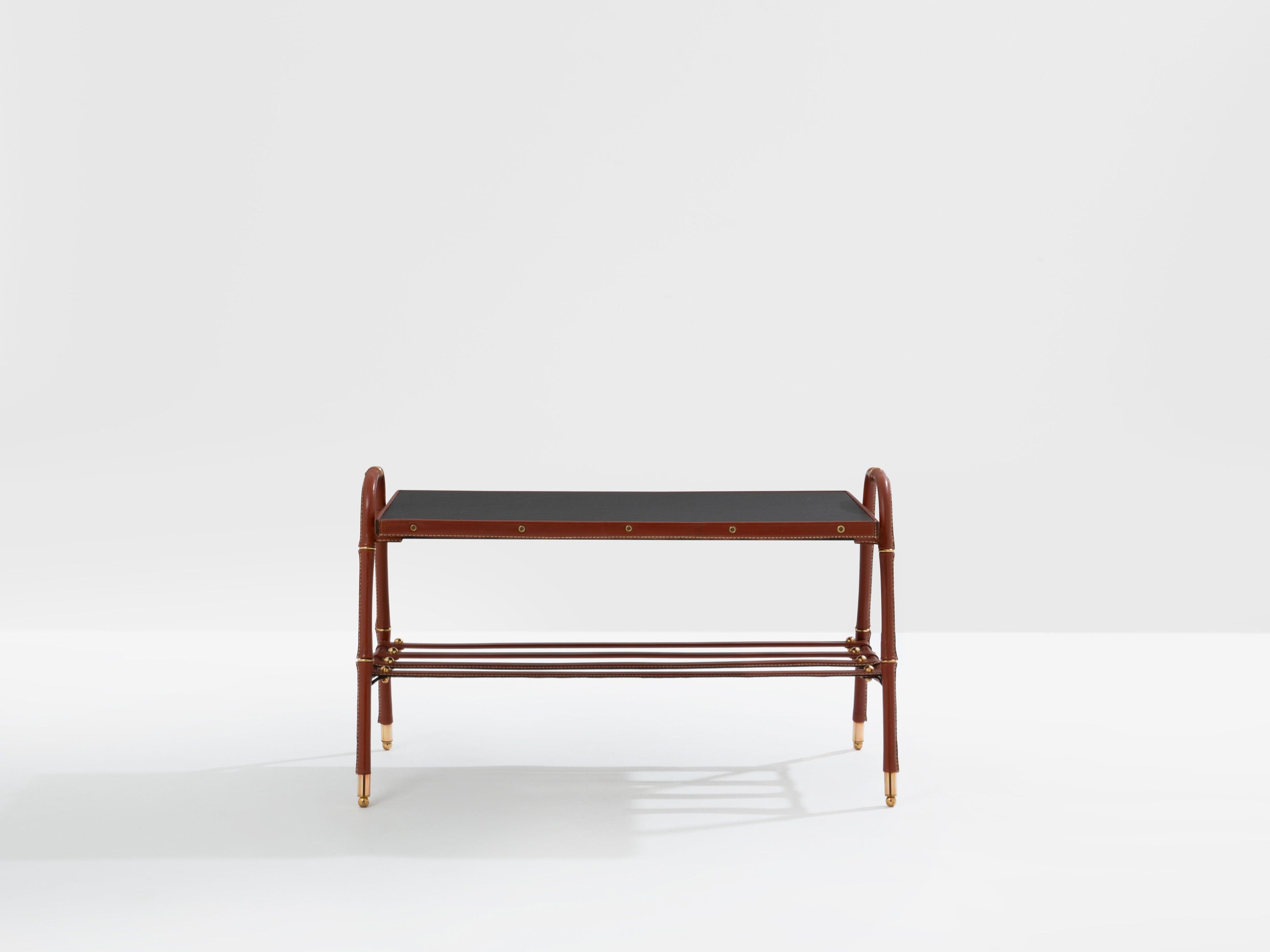 Jacques Adnet pique sellier red leather brass coffee table 1950