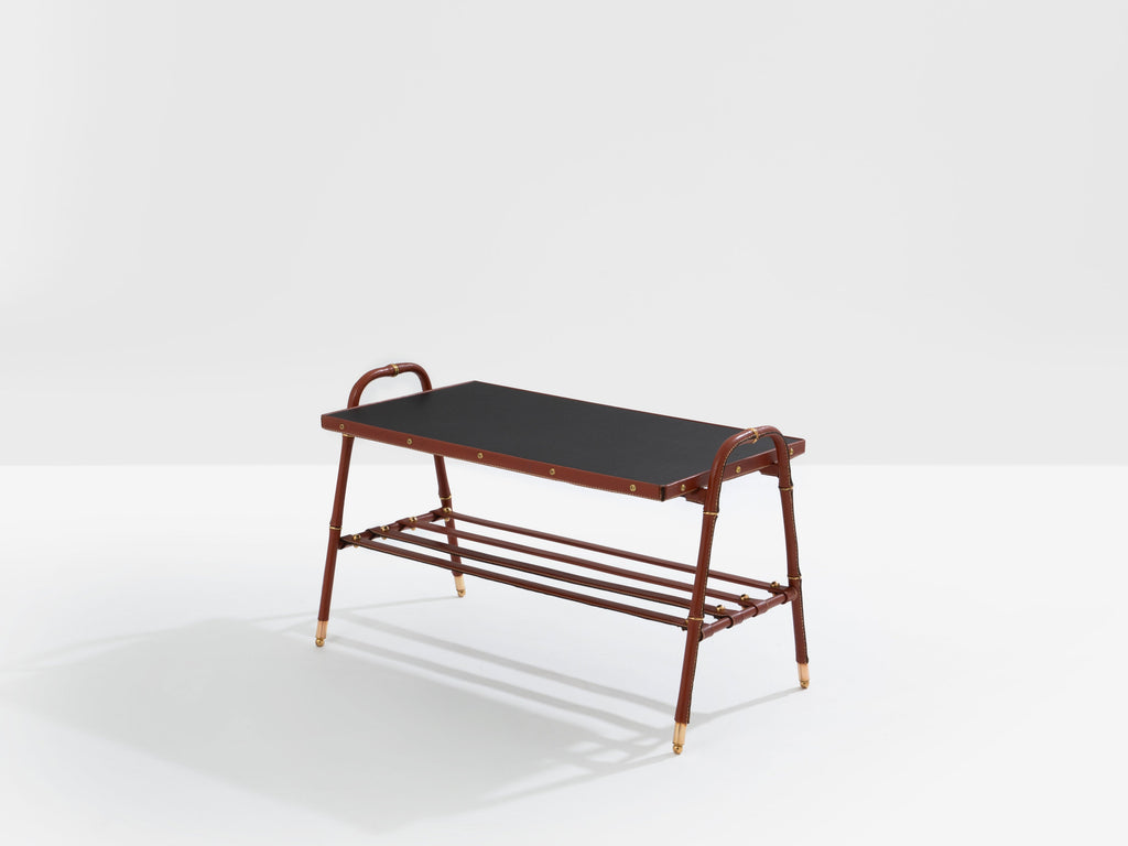 Jacques Adnet pique sellier red leather brass coffee table 1950