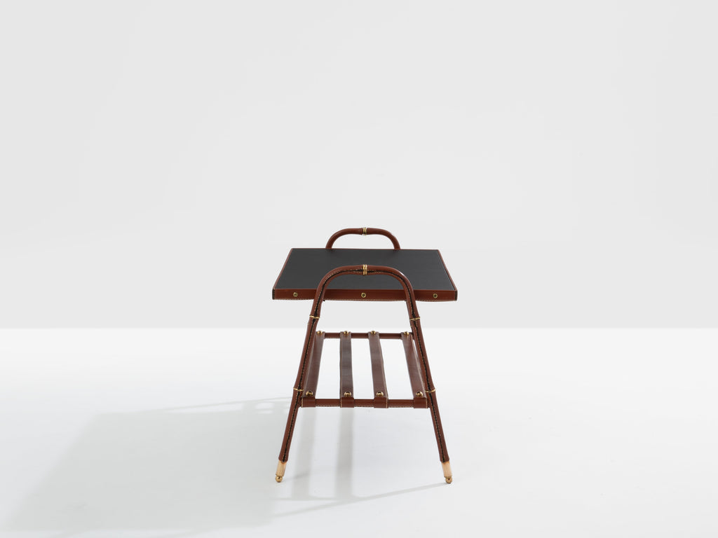 Jacques Adnet pique sellier red leather brass coffee table 1950