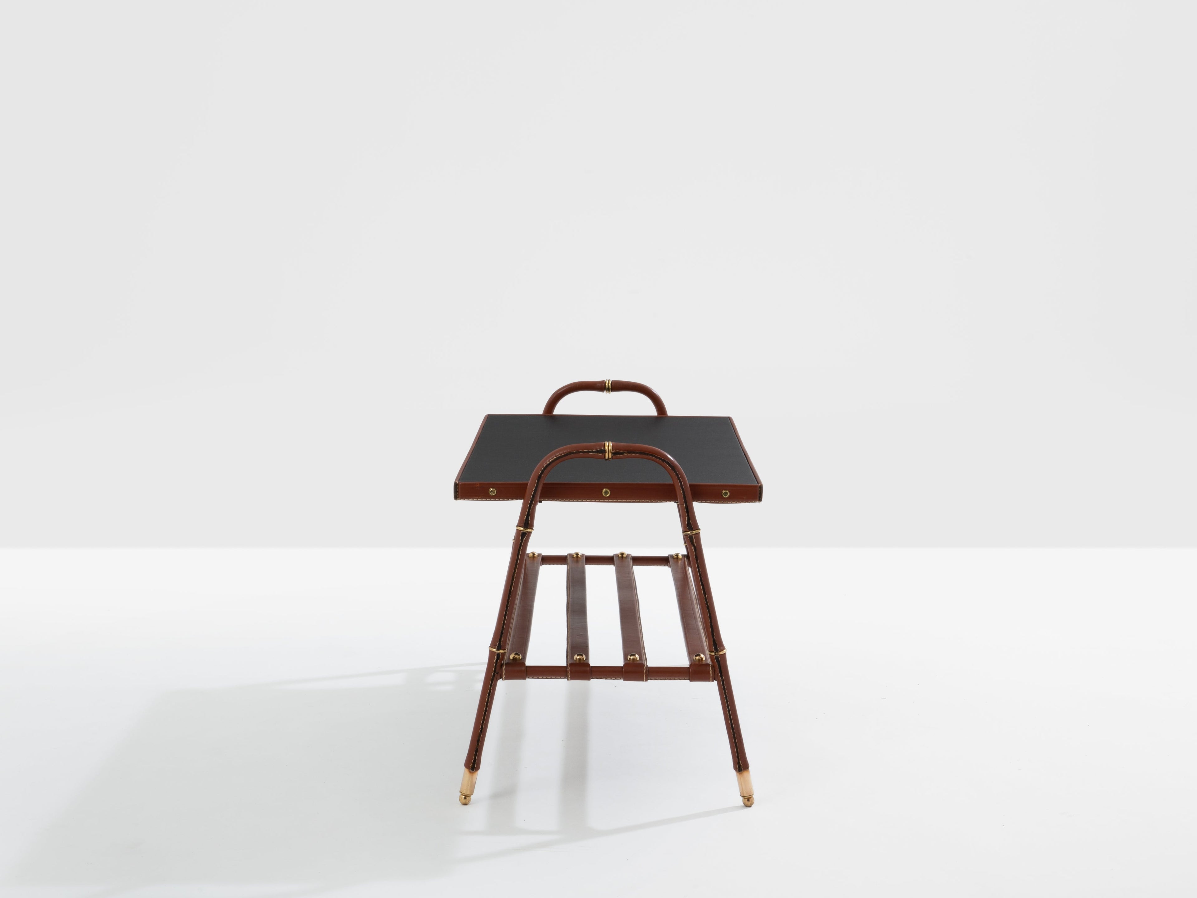 Jacques Adnet pique sellier red leather brass coffee table 1950