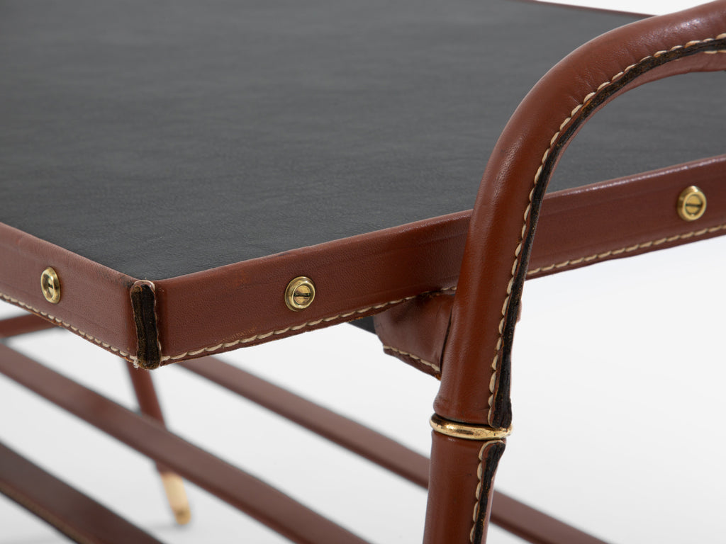 Jacques Adnet pique sellier red leather brass coffee table 1950