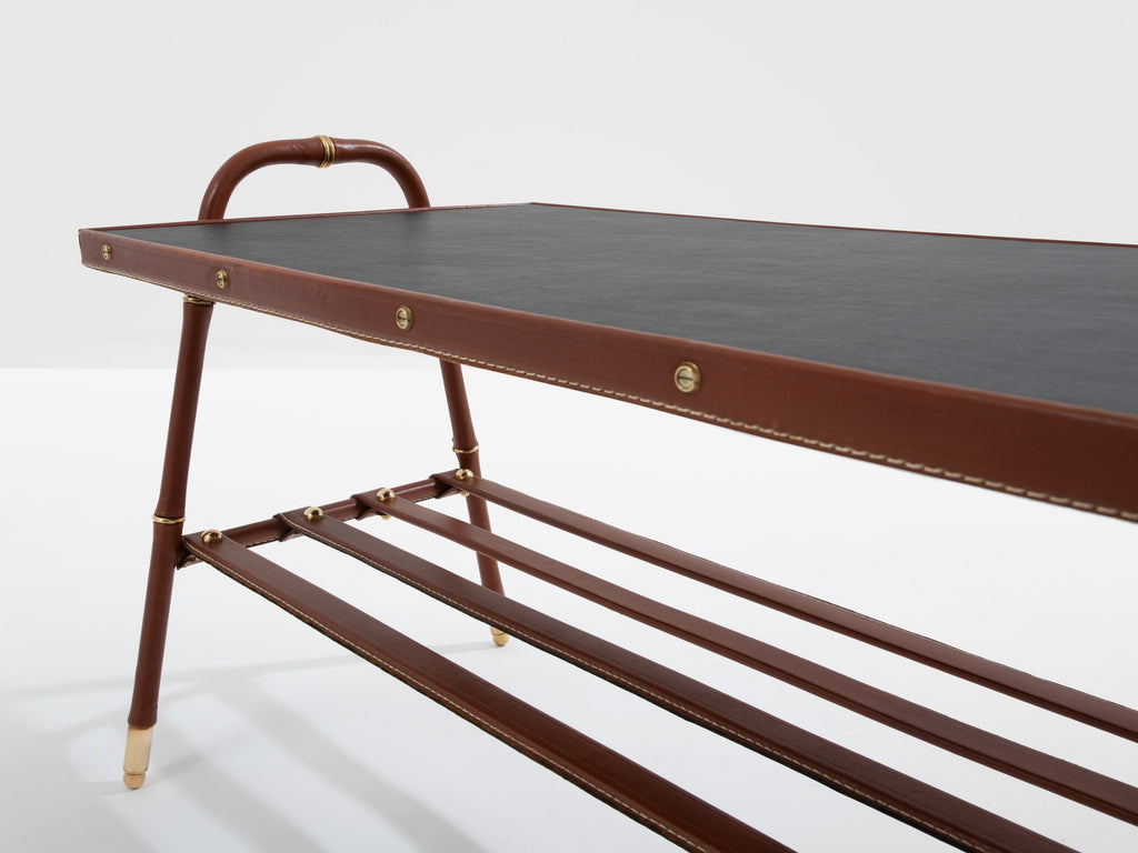 Jacques Adnet pique sellier red leather brass coffee table 1950