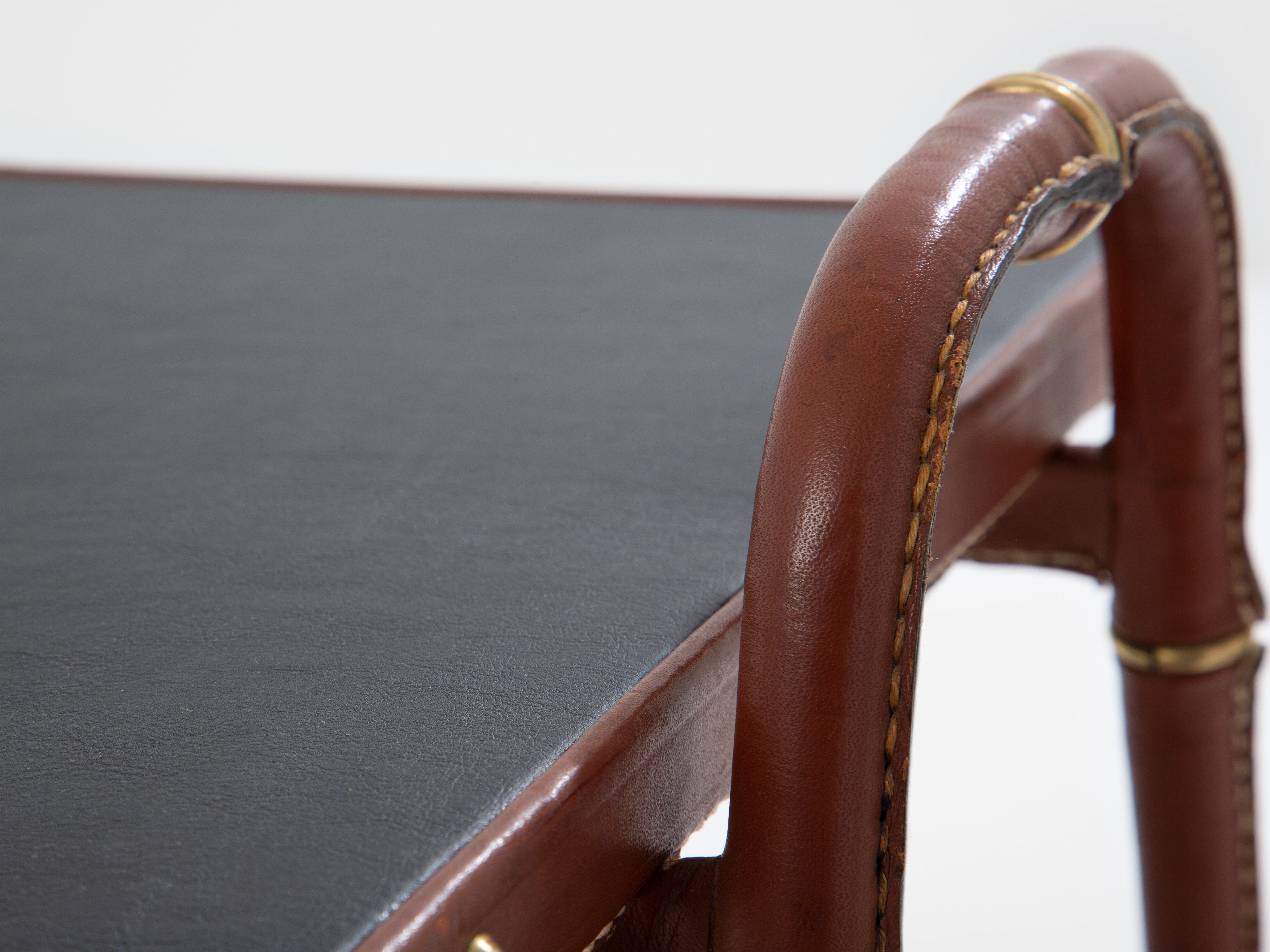 Jacques Adnet pique sellier red leather brass coffee table 1950