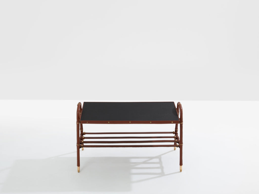 Jacques Adnet pique sellier red leather brass coffee table 1950