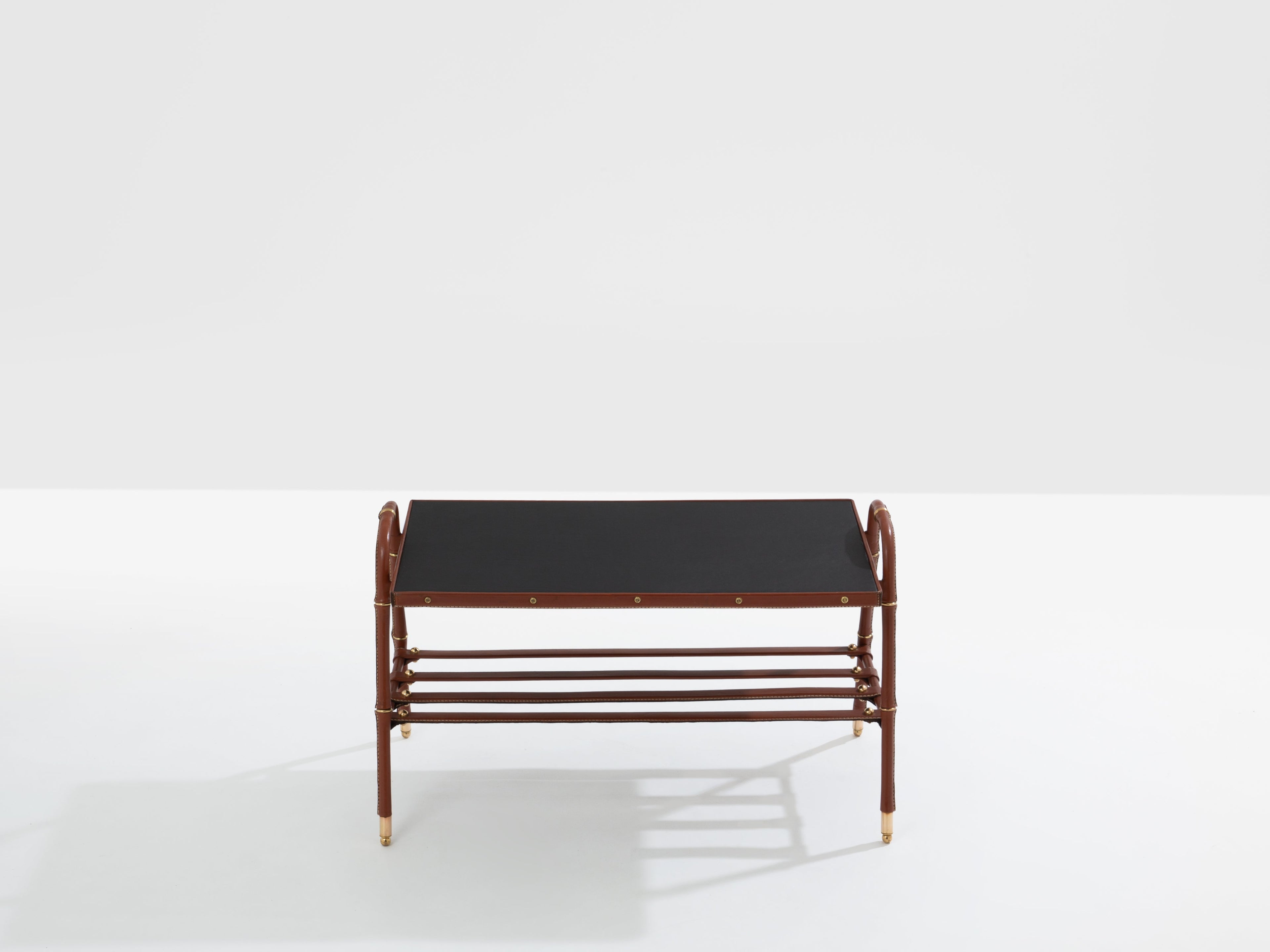 Jacques Adnet pique sellier red leather brass coffee table 1950