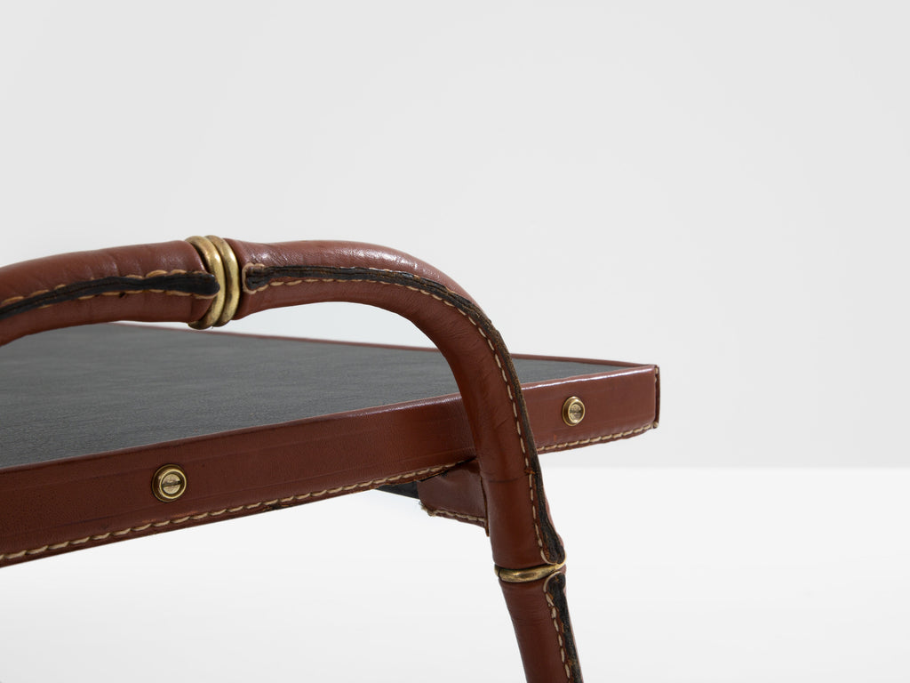 Jacques Adnet pique sellier red leather brass coffee table 1950