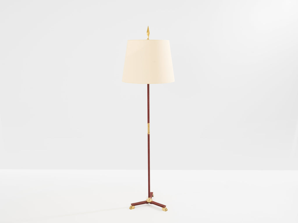 Jacques Adnet pique sellier red leather brass floor lamp 1950