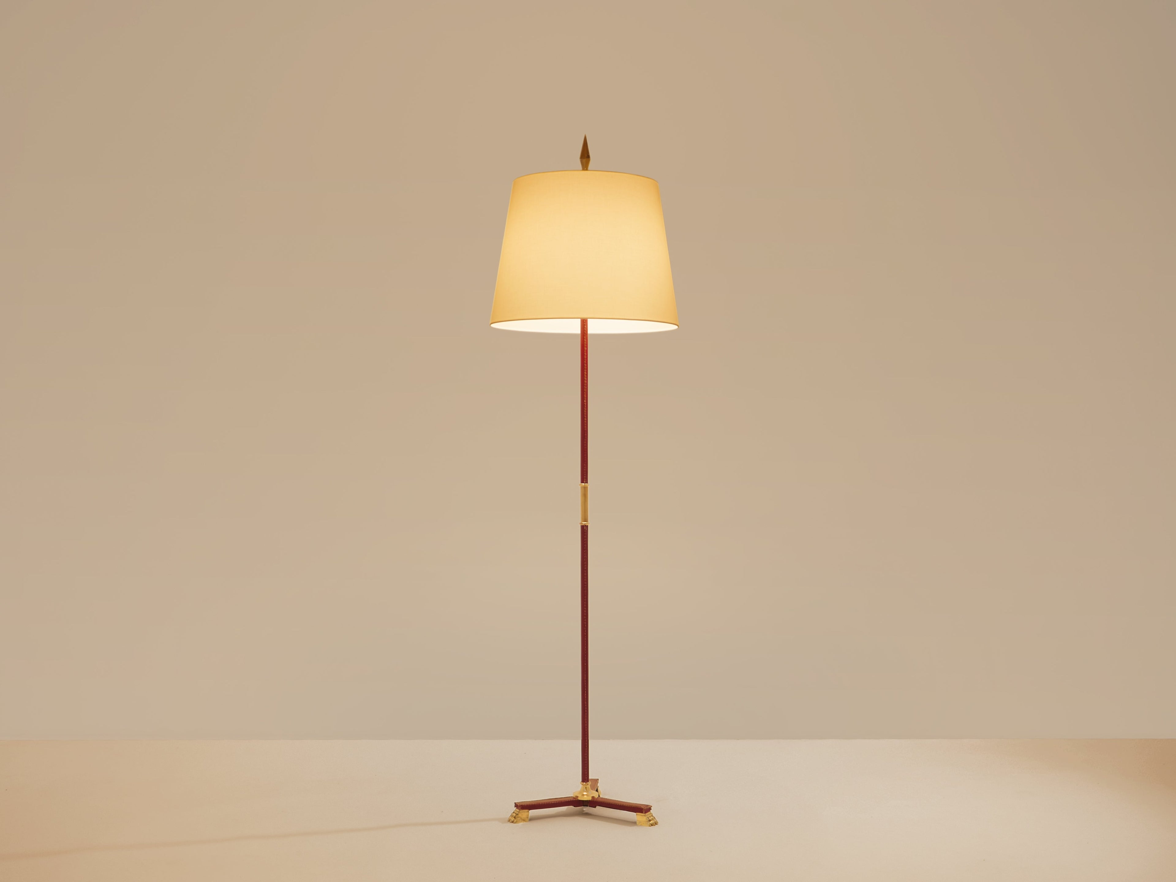 Jacques Adnet pique sellier red leather brass floor lamp 1950