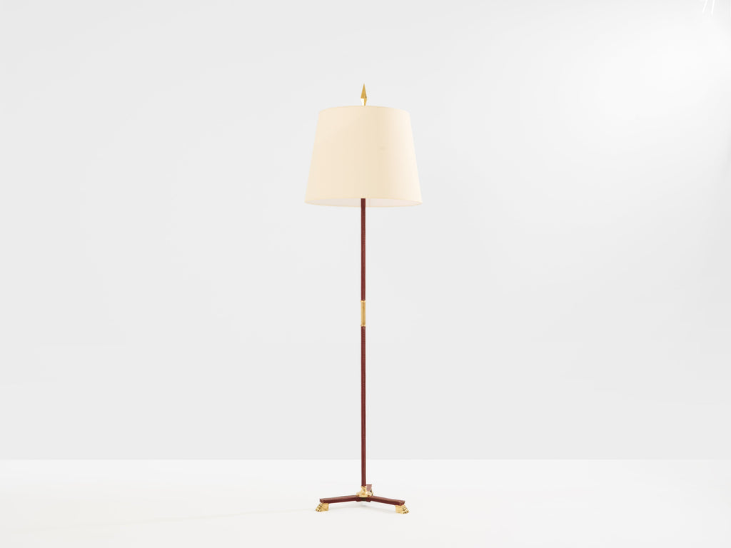 Jacques Adnet pique sellier red leather brass floor lamp 1950