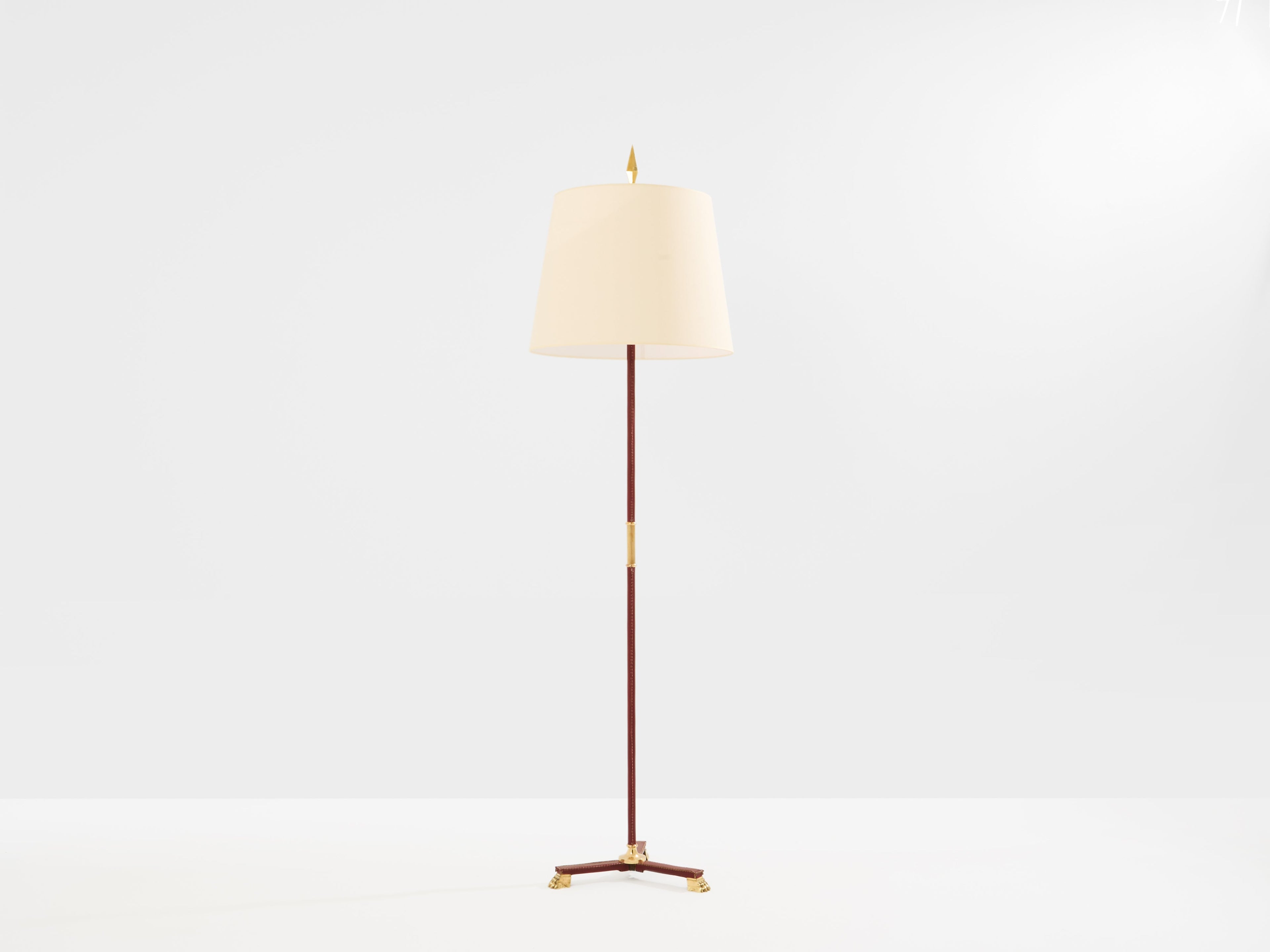 Jacques Adnet pique sellier red leather brass floor lamp 1950