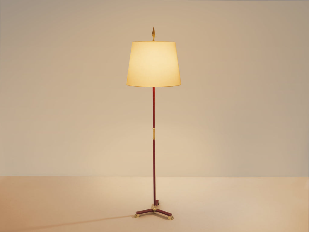 Jacques Adnet pique sellier red leather brass floor lamp 1950