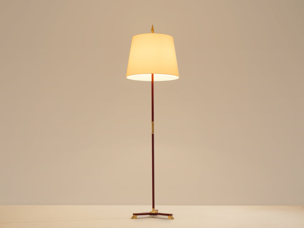 Jacques Adnet pique sellier red leather brass floor lamp 1950