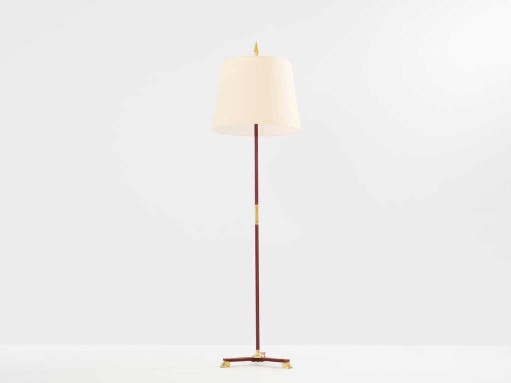 Jacques Adnet pique sellier red leather brass floor lamp 1950