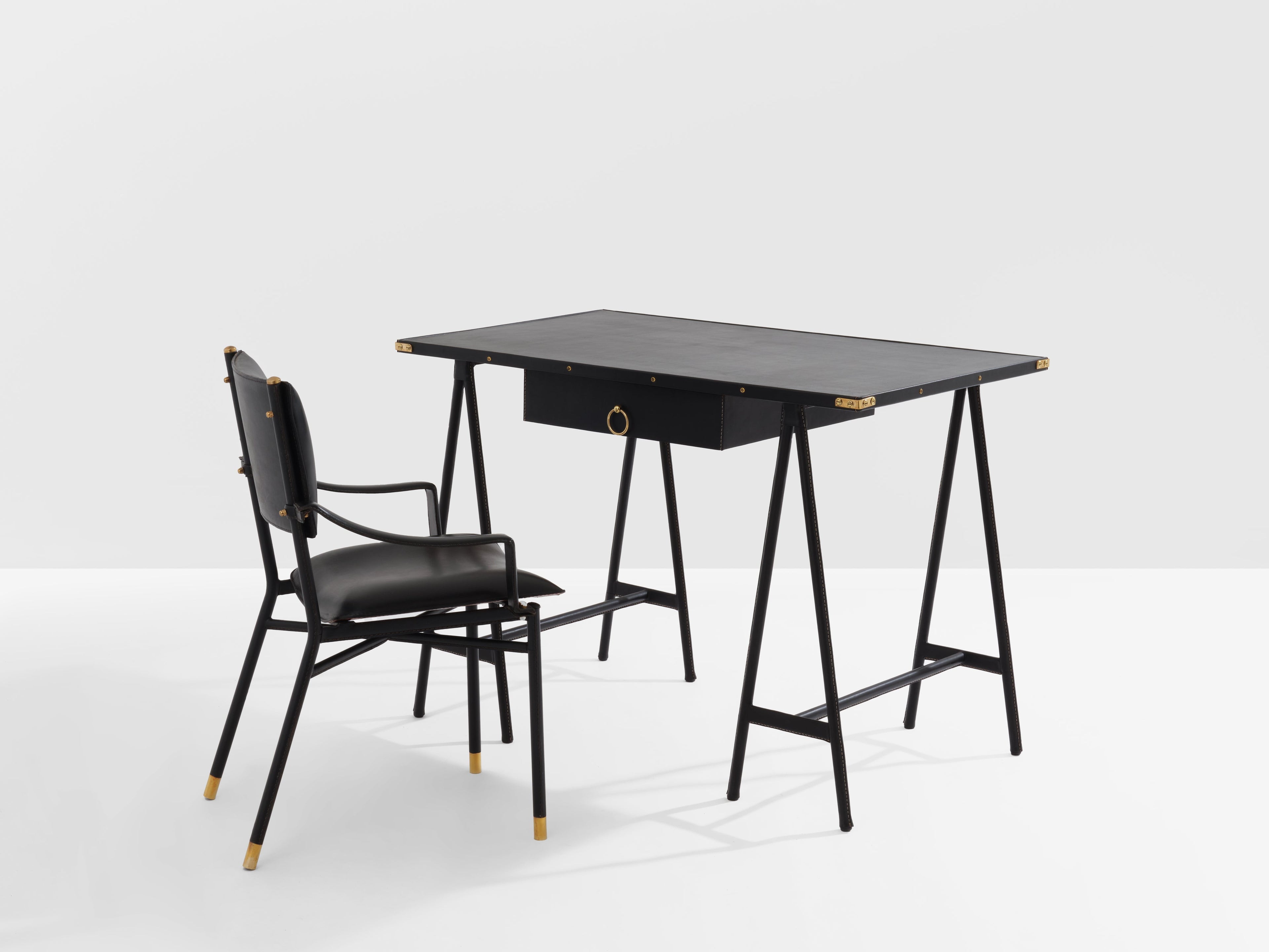 Jacques Adnet saddle-stitched leather brass desk chair 1950