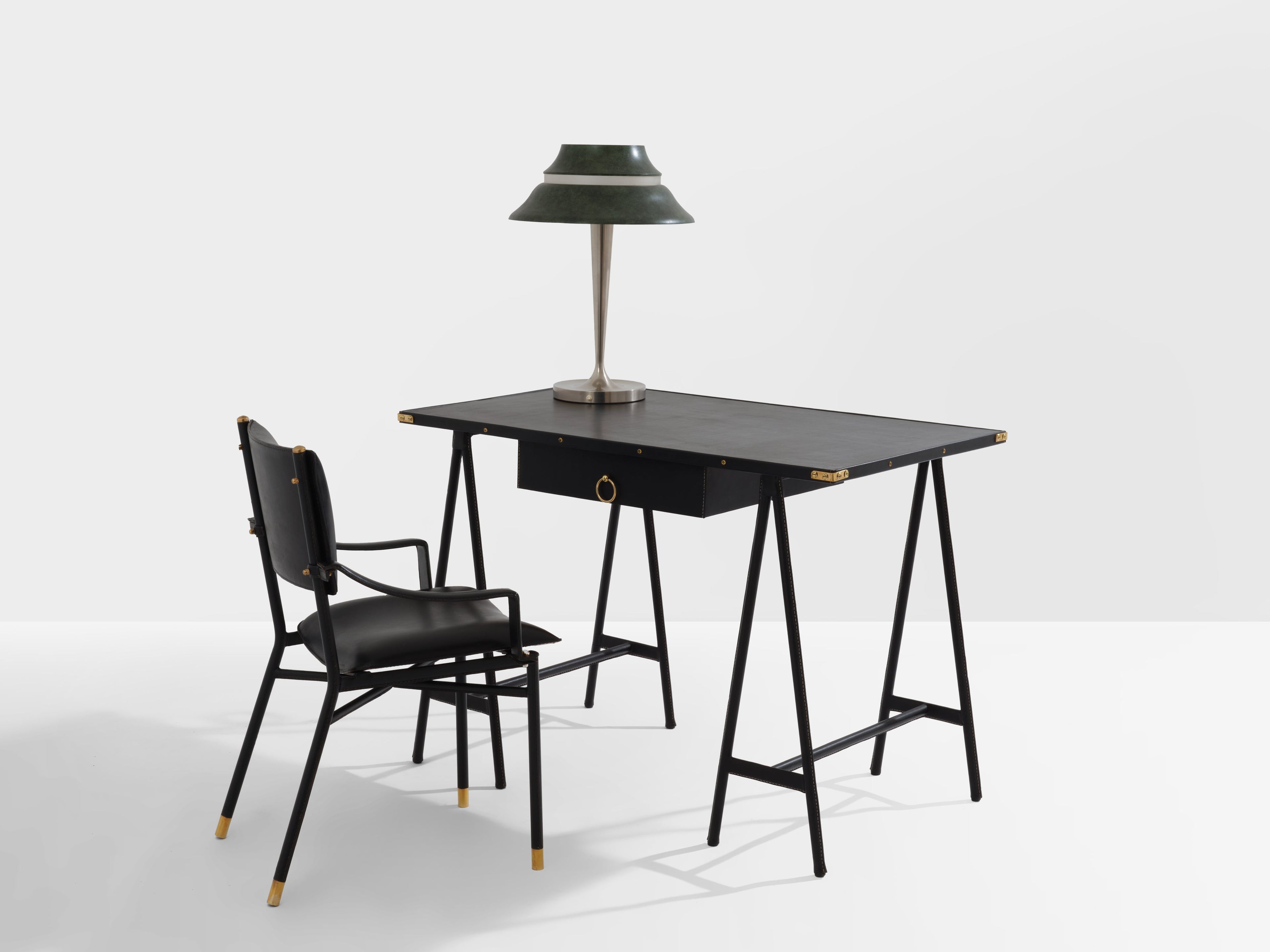 Jacques Adnet saddle-stitched leather brass desk chair 1950