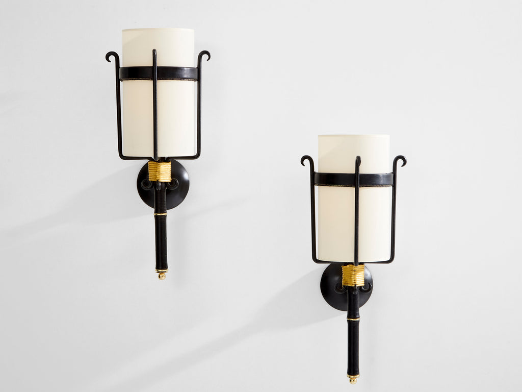 Jacques Adnet wrought iron leather and brass wall lights 1950