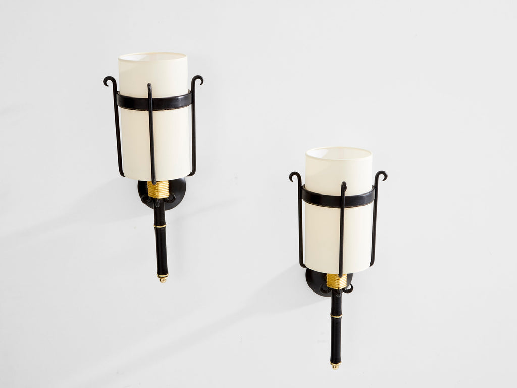 Jacques Adnet wrought iron leather and brass wall lights 1950