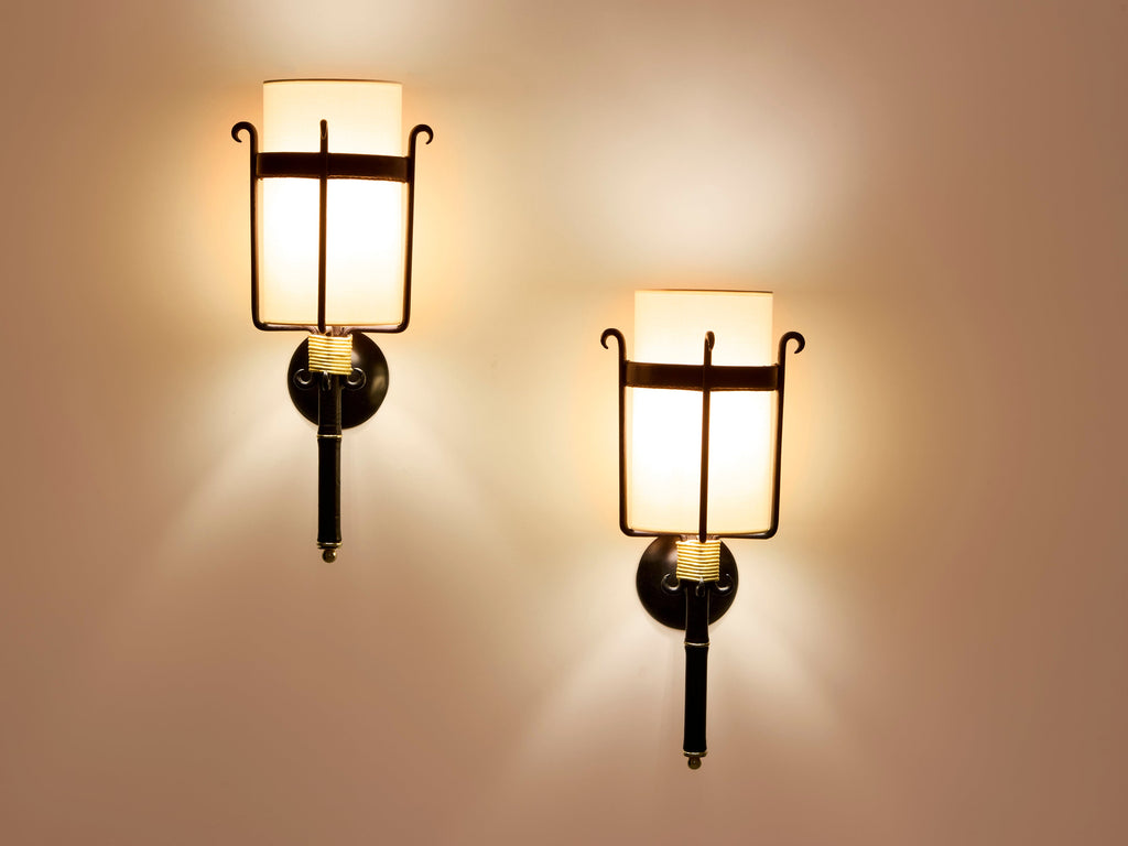 Jacques Adnet wrought iron leather and brass wall lights 1950
