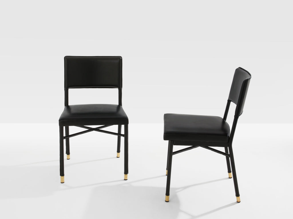 Jacques Quinet pair of saddle-stitched leather brass side chairs 1950