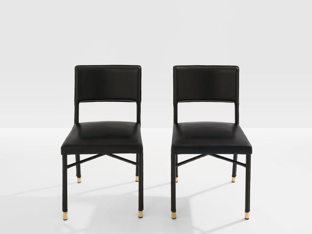 Jacques Quinet pair of saddle-stitched leather brass side chairs 1950