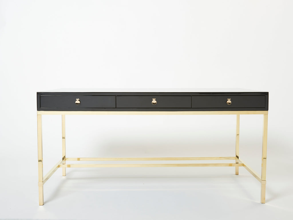 Large Desk table Guy Lefevre Maison Jansen black lacquer brass 1970s