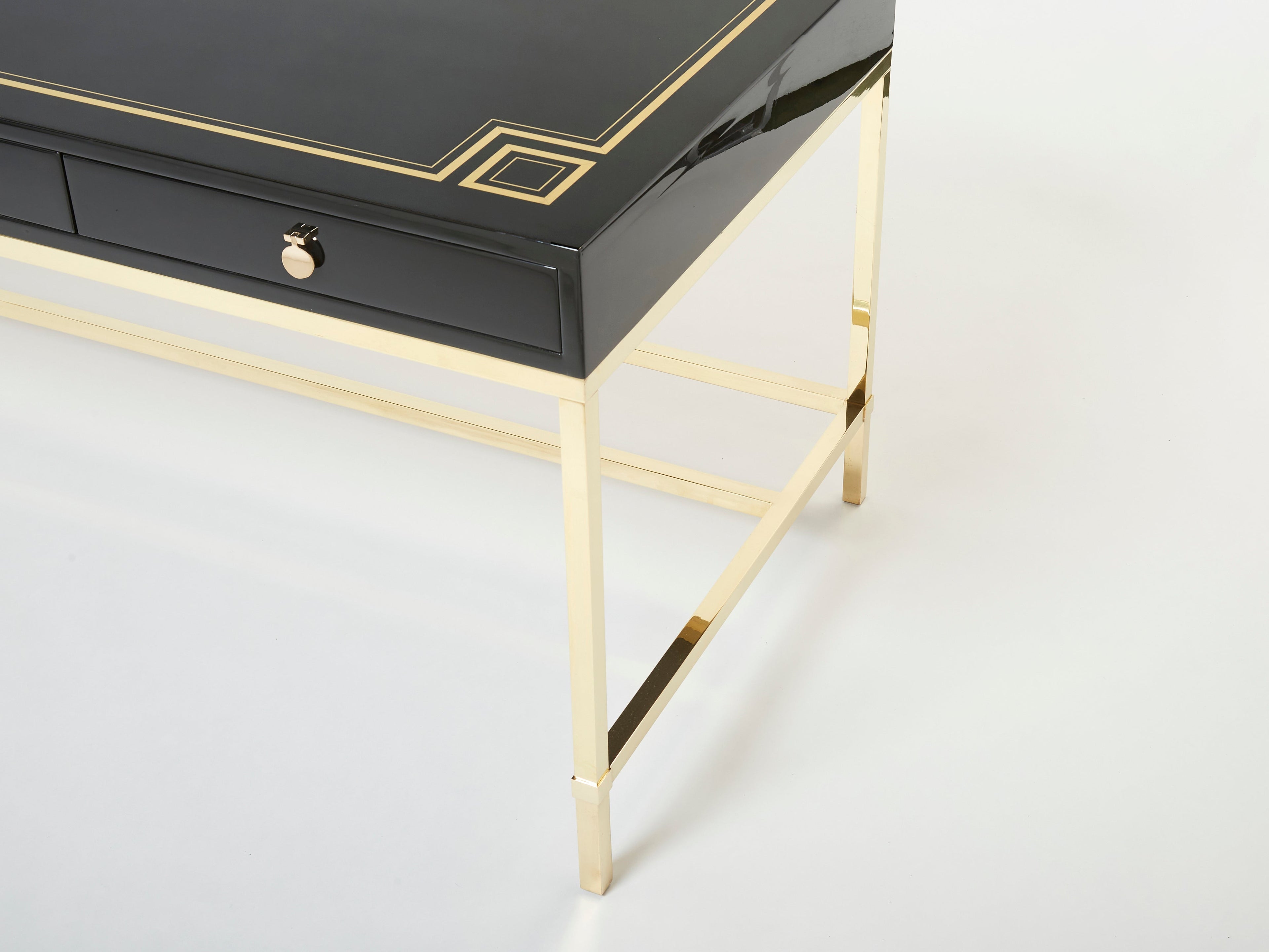 Large Desk table Guy Lefevre Maison Jansen black lacquer brass 1970s