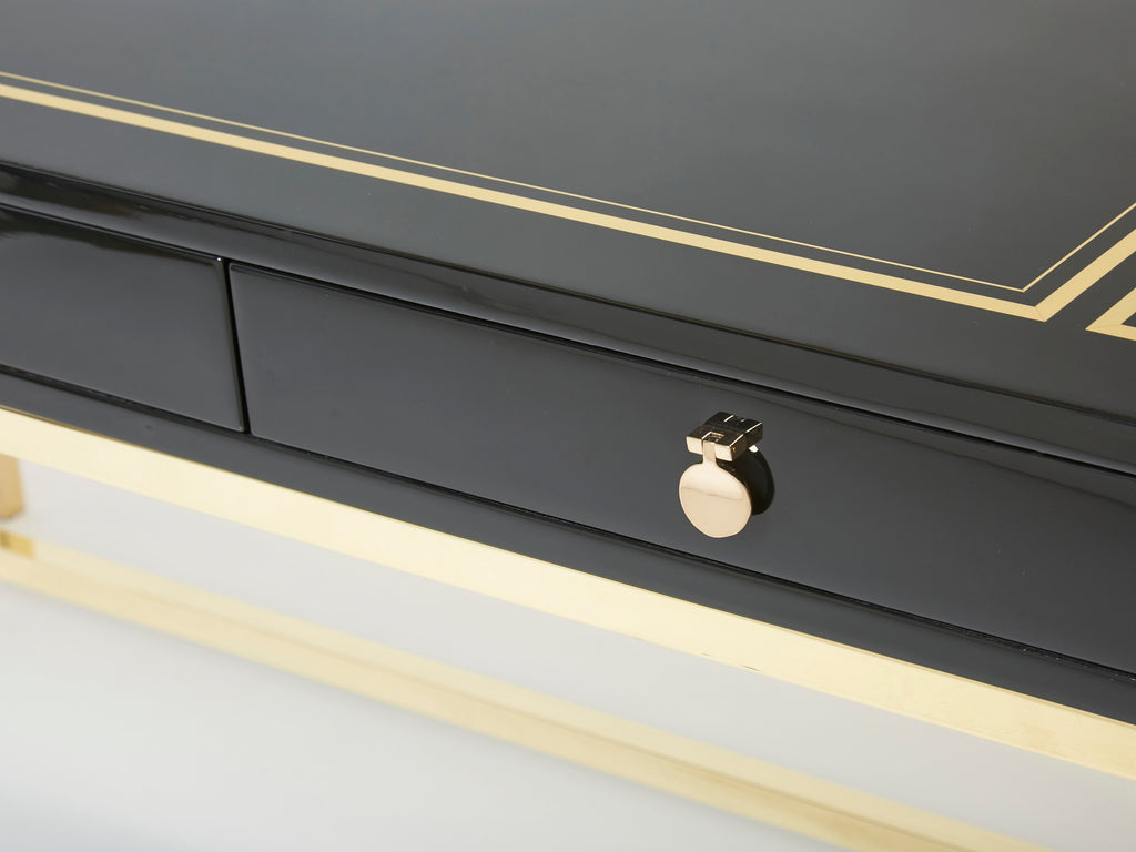 Large Desk table Guy Lefevre Maison Jansen black lacquer brass 1970s
