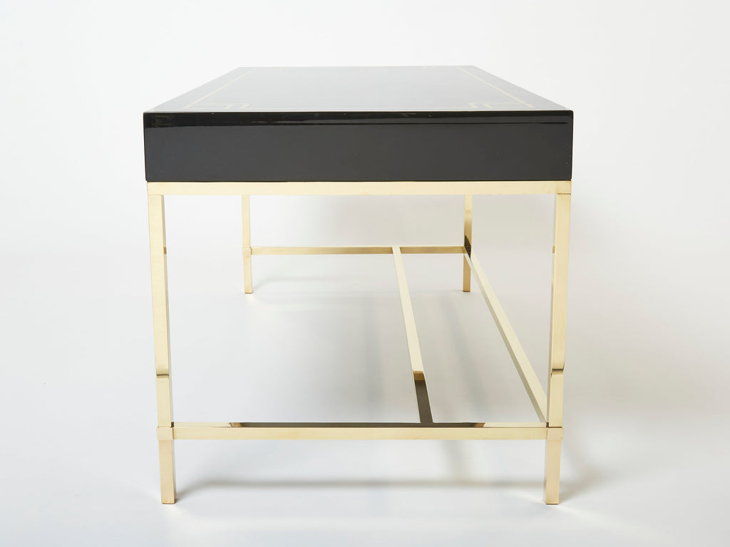 Large Desk table Guy Lefevre Maison Jansen black lacquer brass 1970s