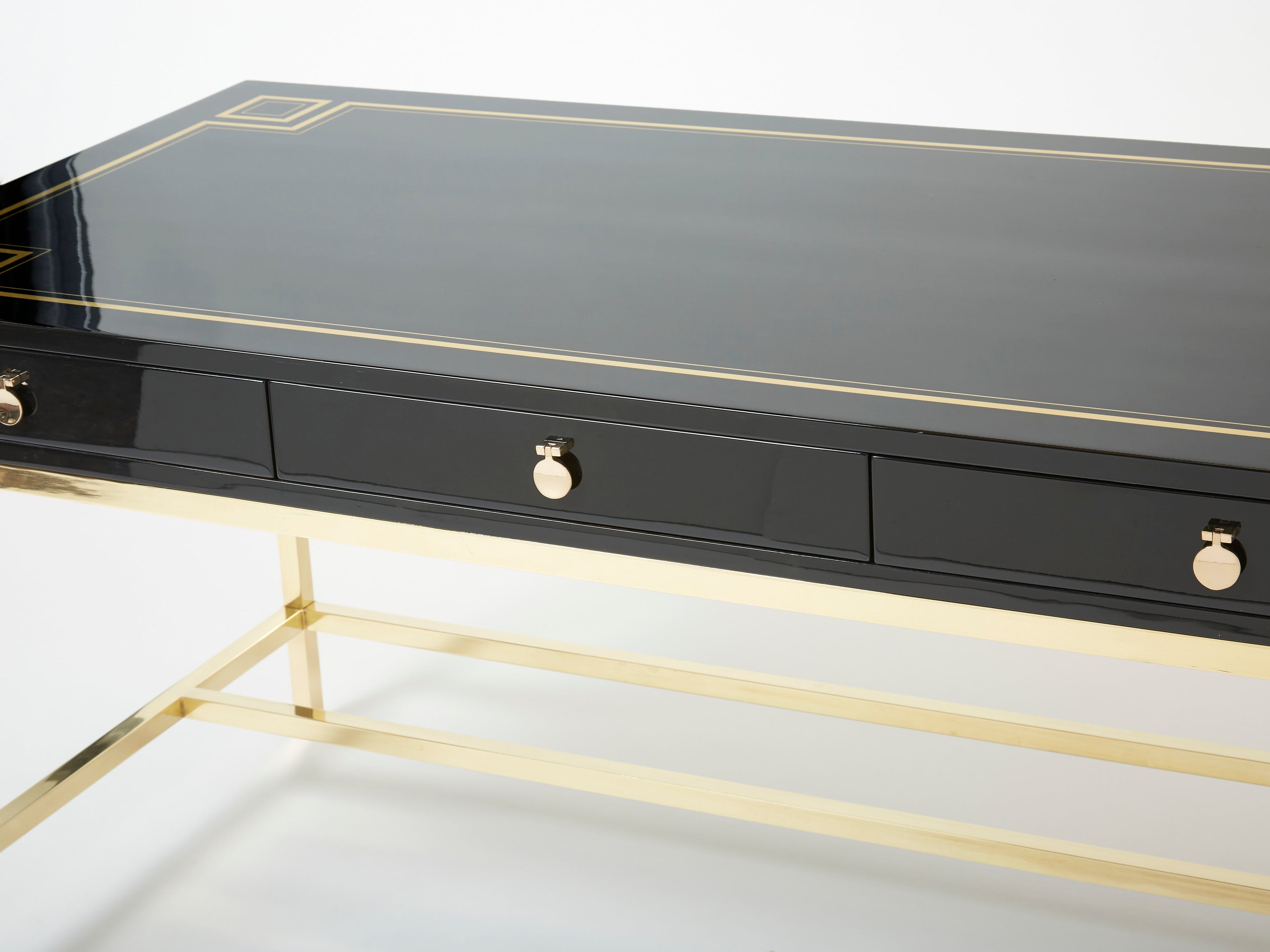 Large Desk table Guy Lefevre Maison Jansen black lacquer brass 1970s