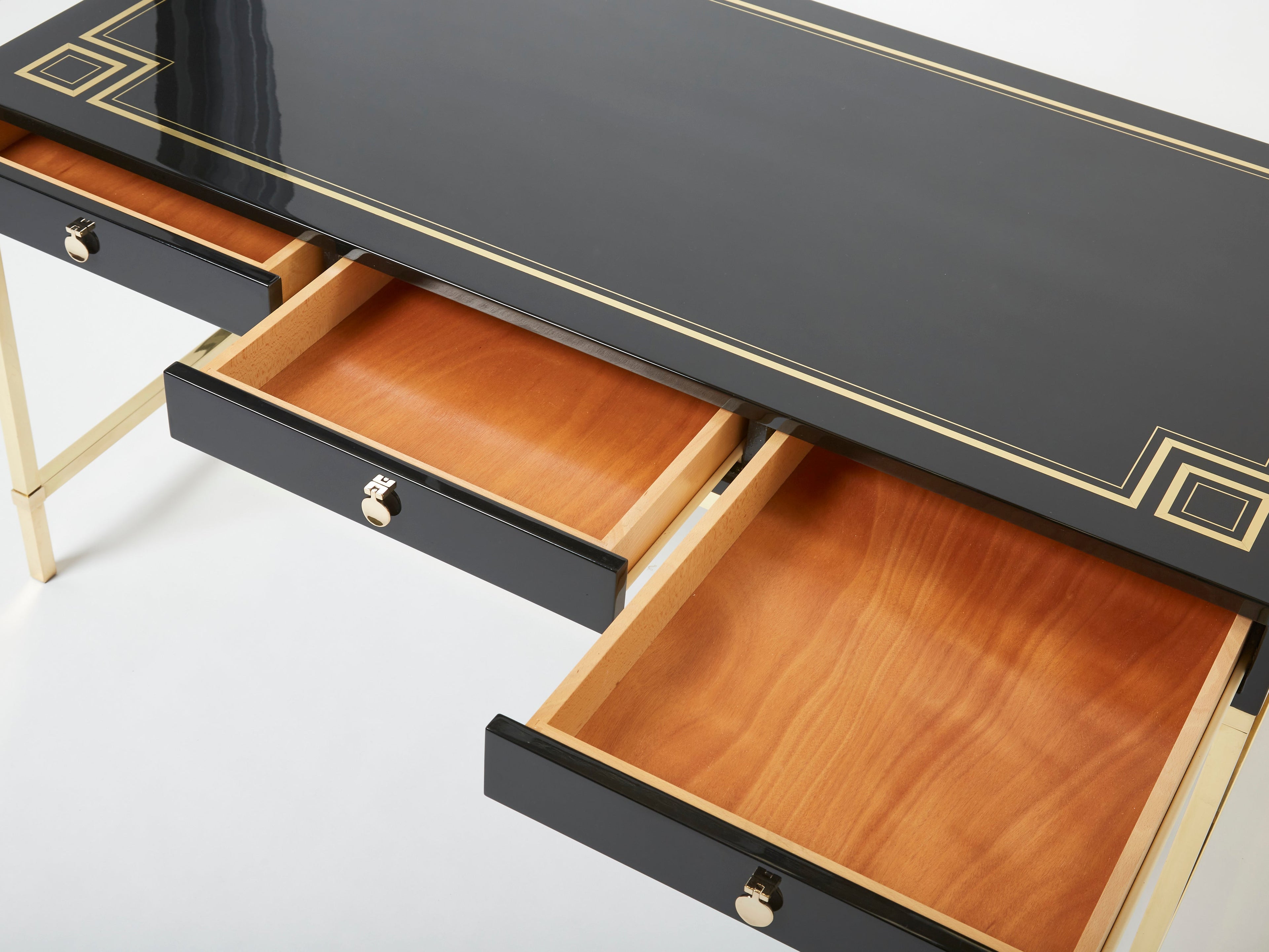 Large Desk table Guy Lefevre Maison Jansen black lacquer brass 1970s