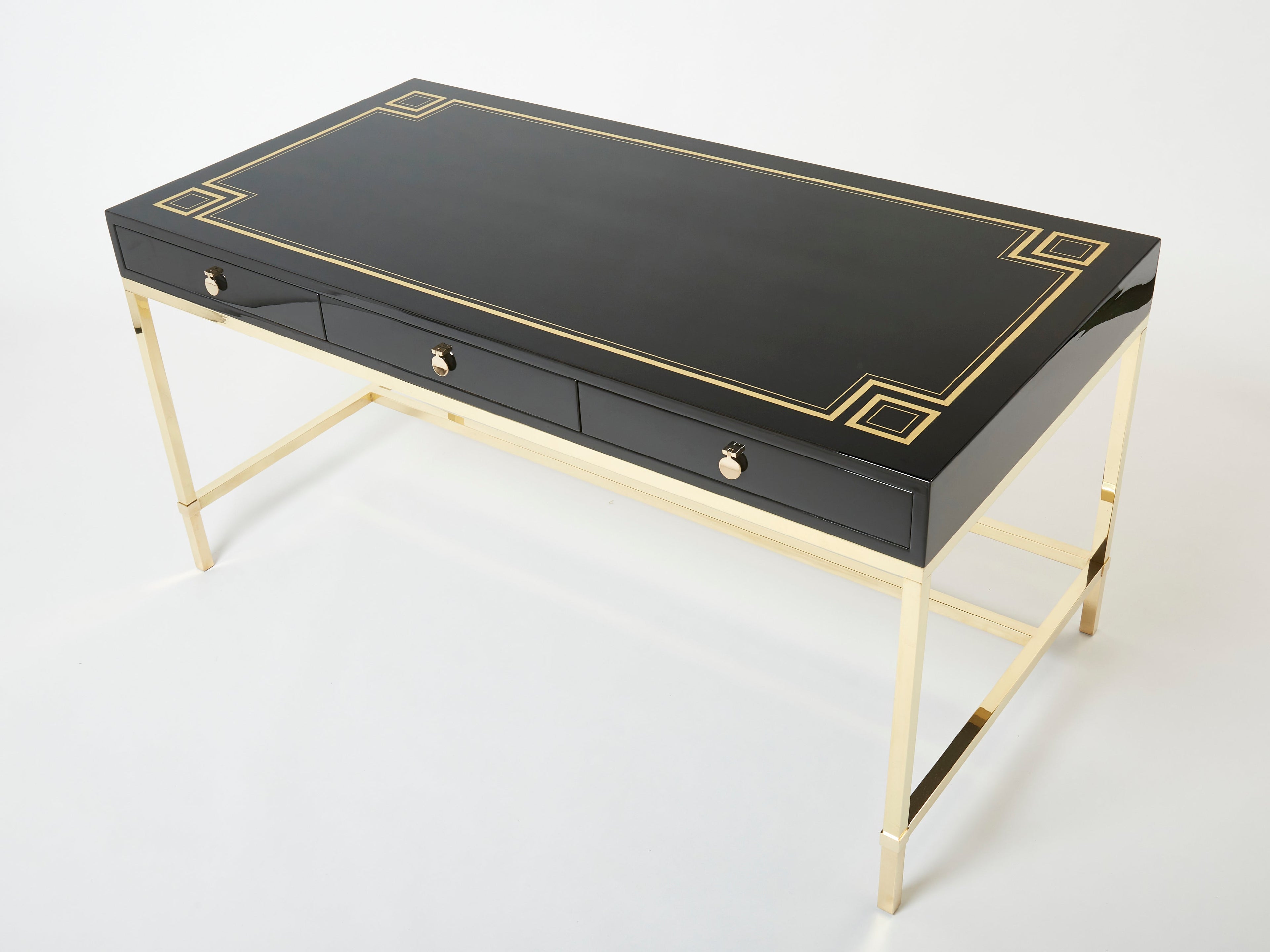 Large Desk table Guy Lefevre Maison Jansen black lacquer brass 1970s