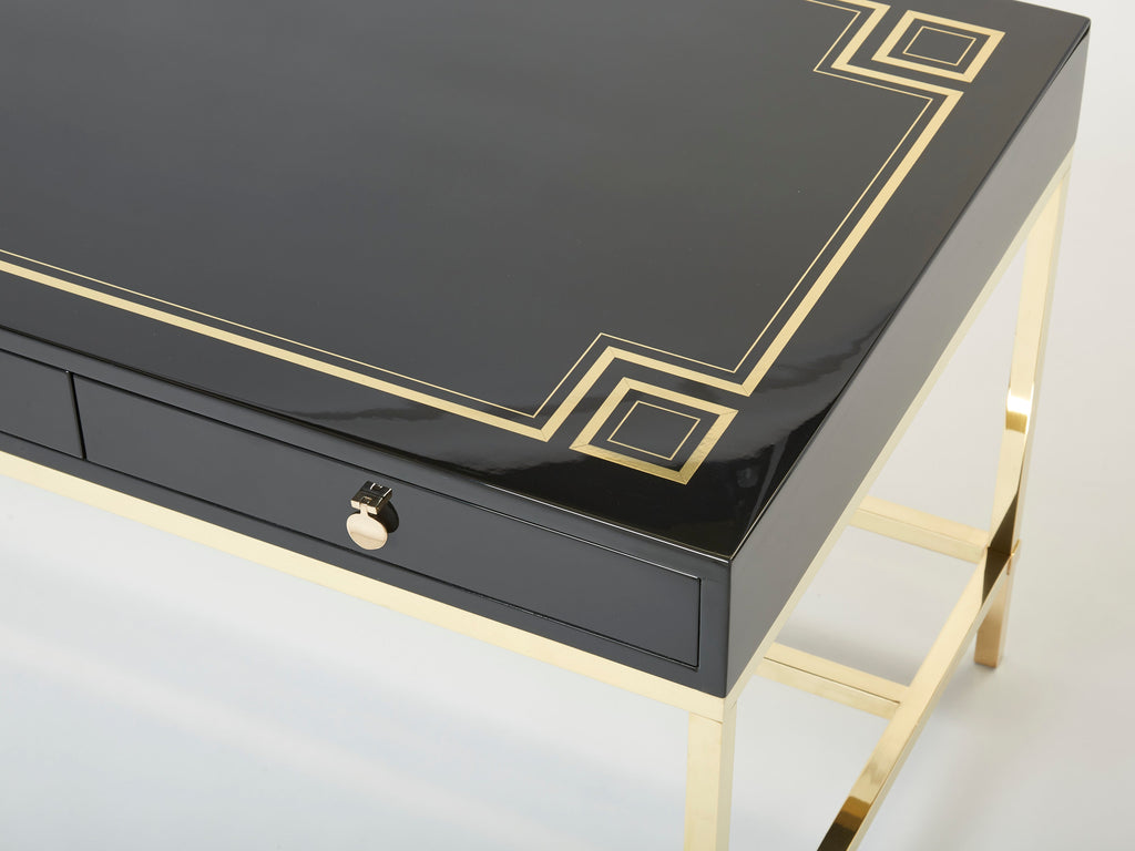 Large Desk table Guy Lefevre Maison Jansen black lacquer brass 1970s