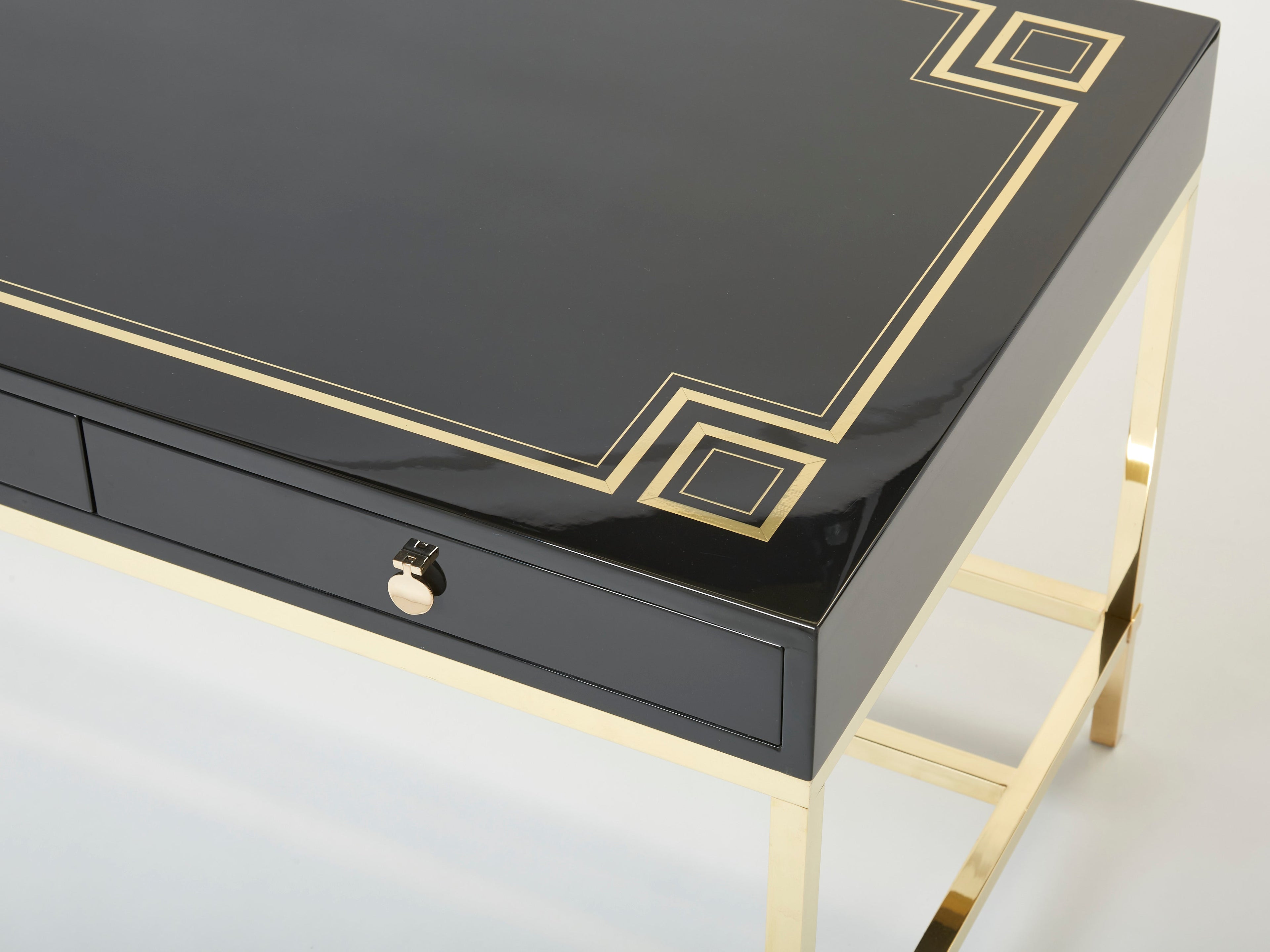 Large Desk table Guy Lefevre Maison Jansen black lacquer brass 1970s