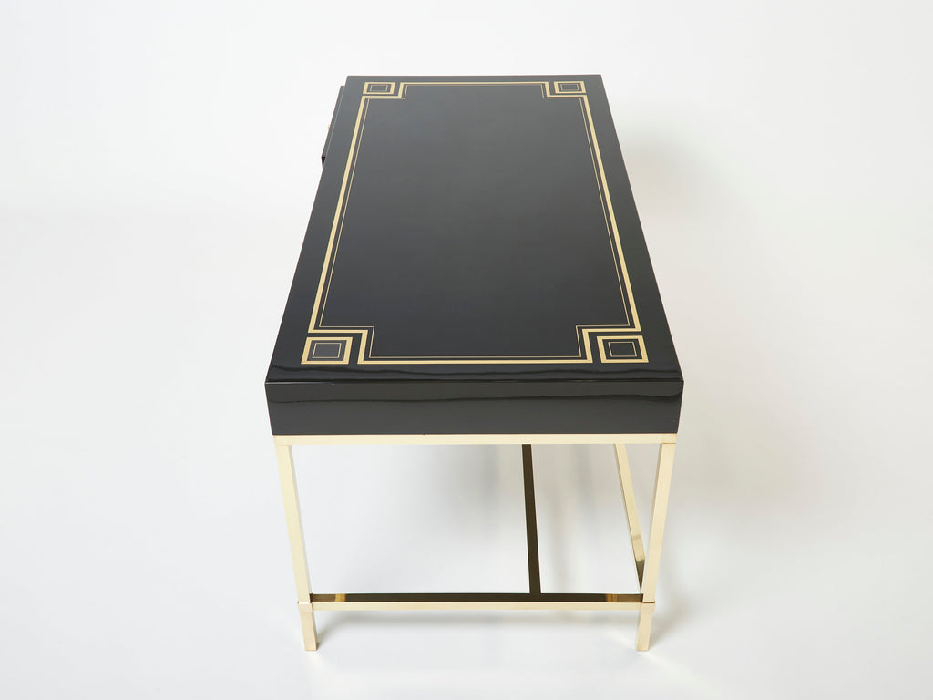Large Desk table Guy Lefevre Maison Jansen black lacquer brass 1970s