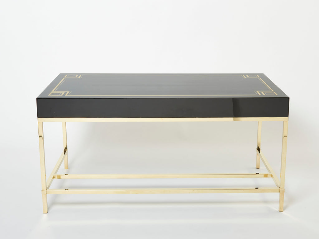 Large Desk table Guy Lefevre Maison Jansen black lacquer brass 1970s