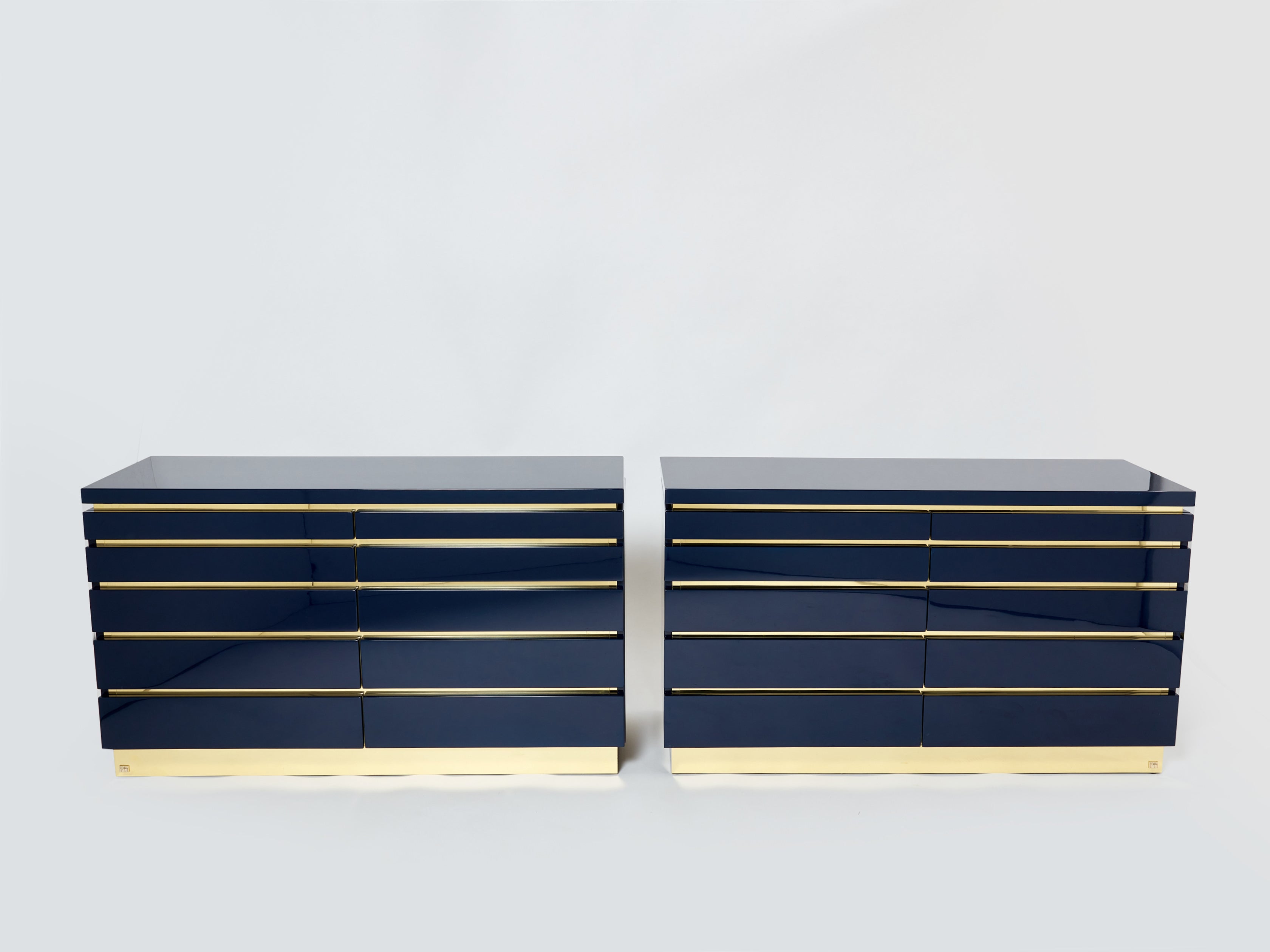 Pair of J.C. Mahey dark blue lacquered brass commodes 1970s