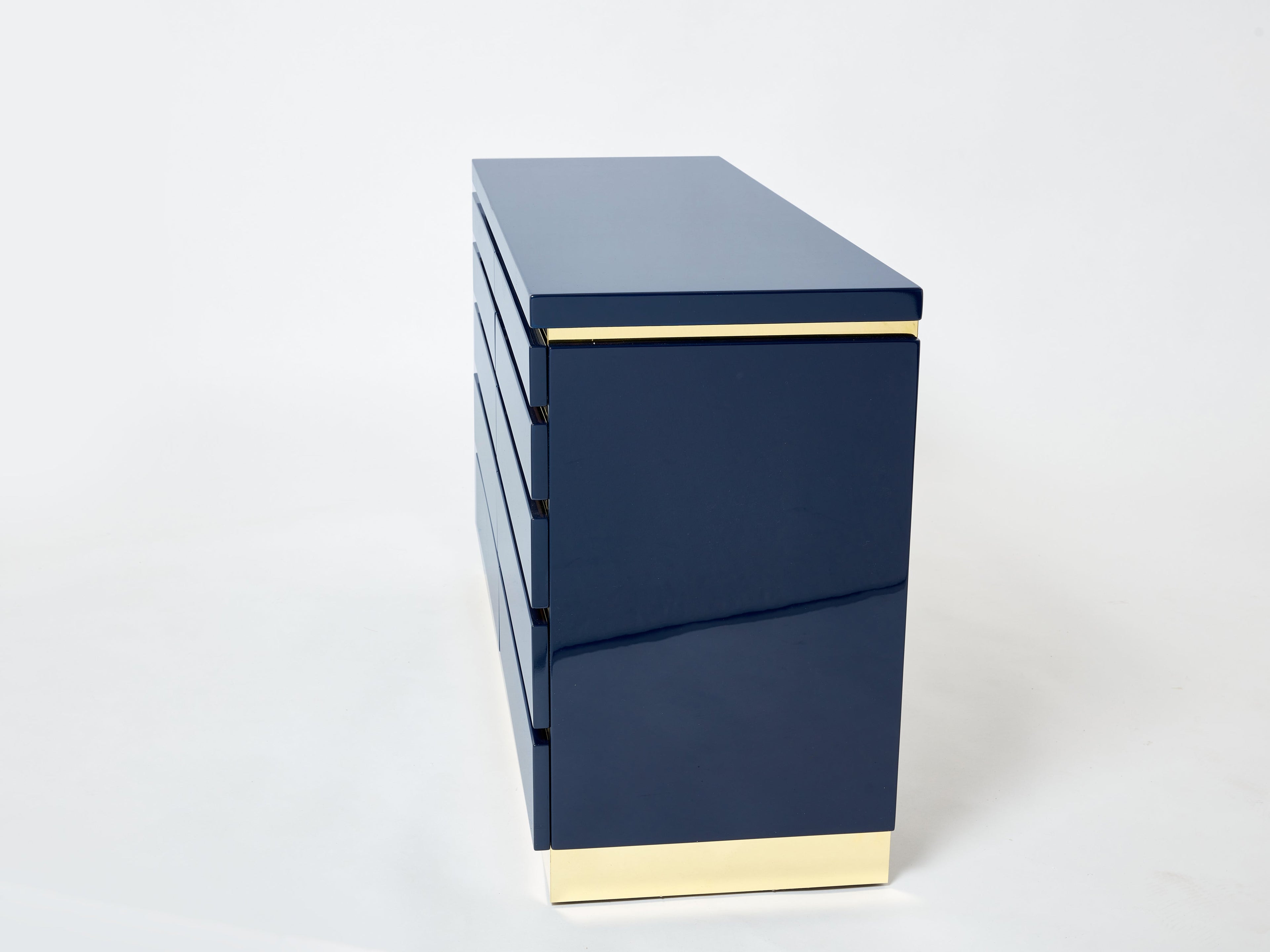Pair of J.C. Mahey dark blue lacquered brass commodes 1970s