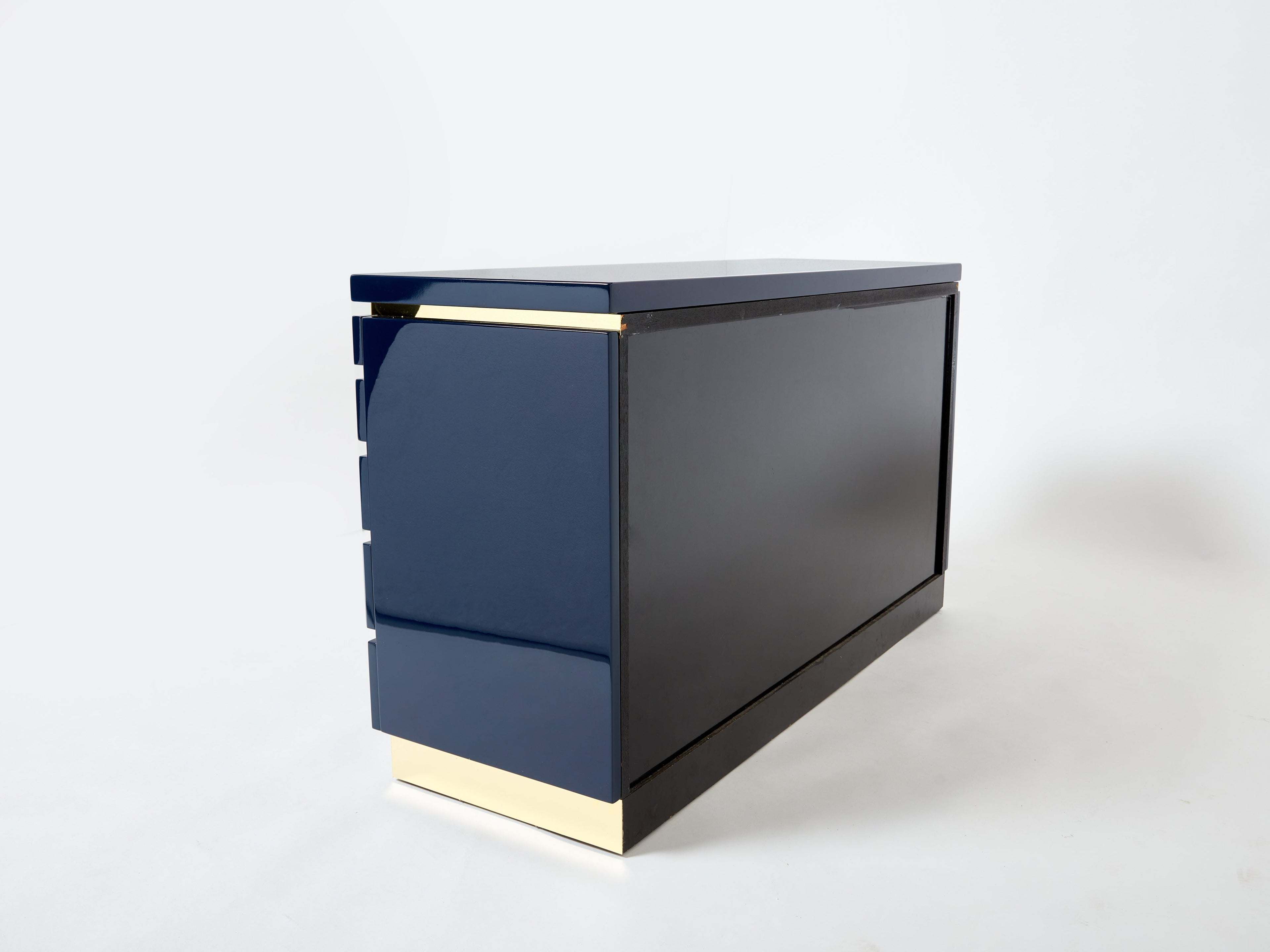 Pair of J.C. Mahey dark blue lacquered brass commodes 1970s