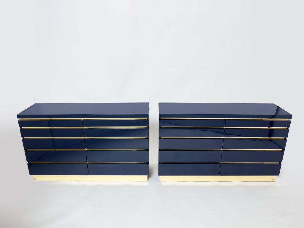 Pair of J.C. Mahey dark blue lacquered brass commodes 1970s