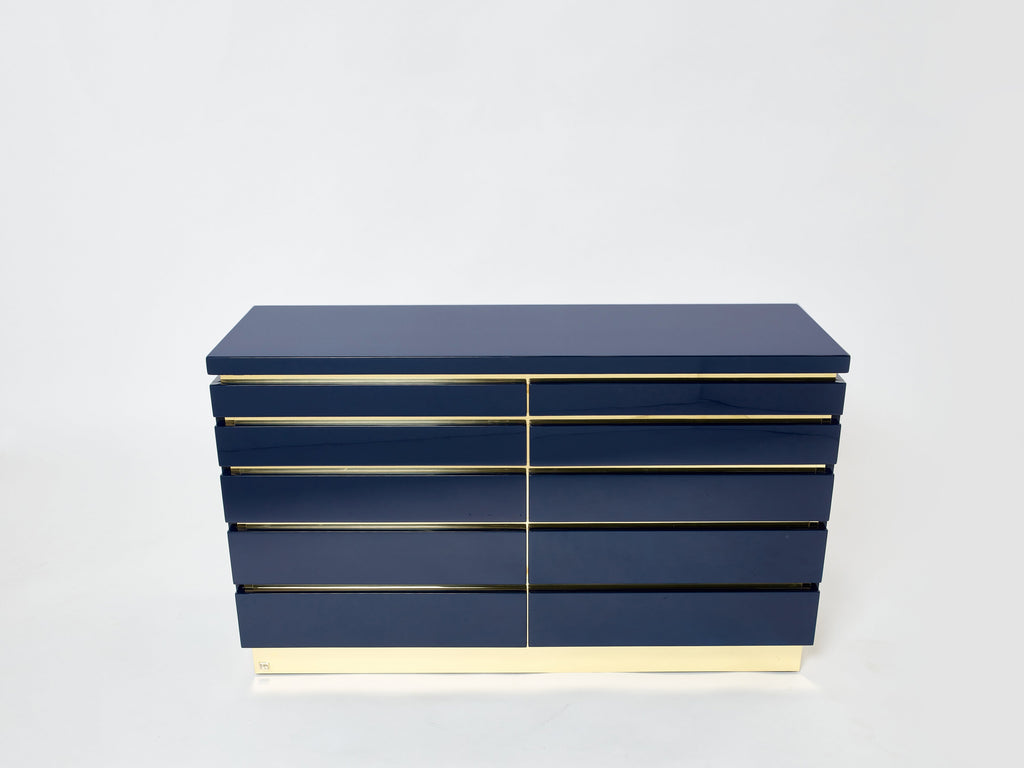 Pair of J.C. Mahey dark blue lacquered brass commodes 1970s