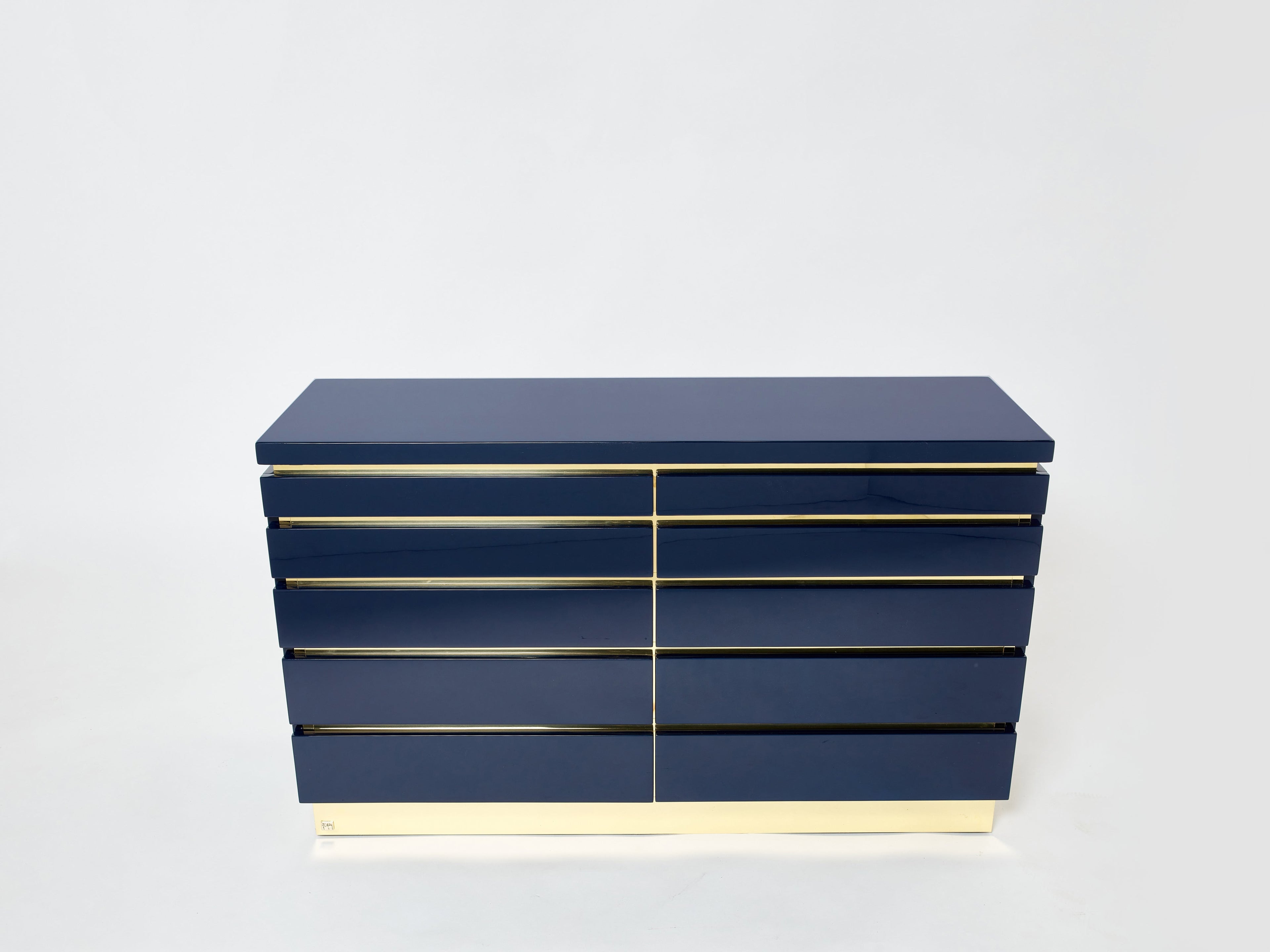 Pair of J.C. Mahey dark blue lacquered brass commodes 1970s