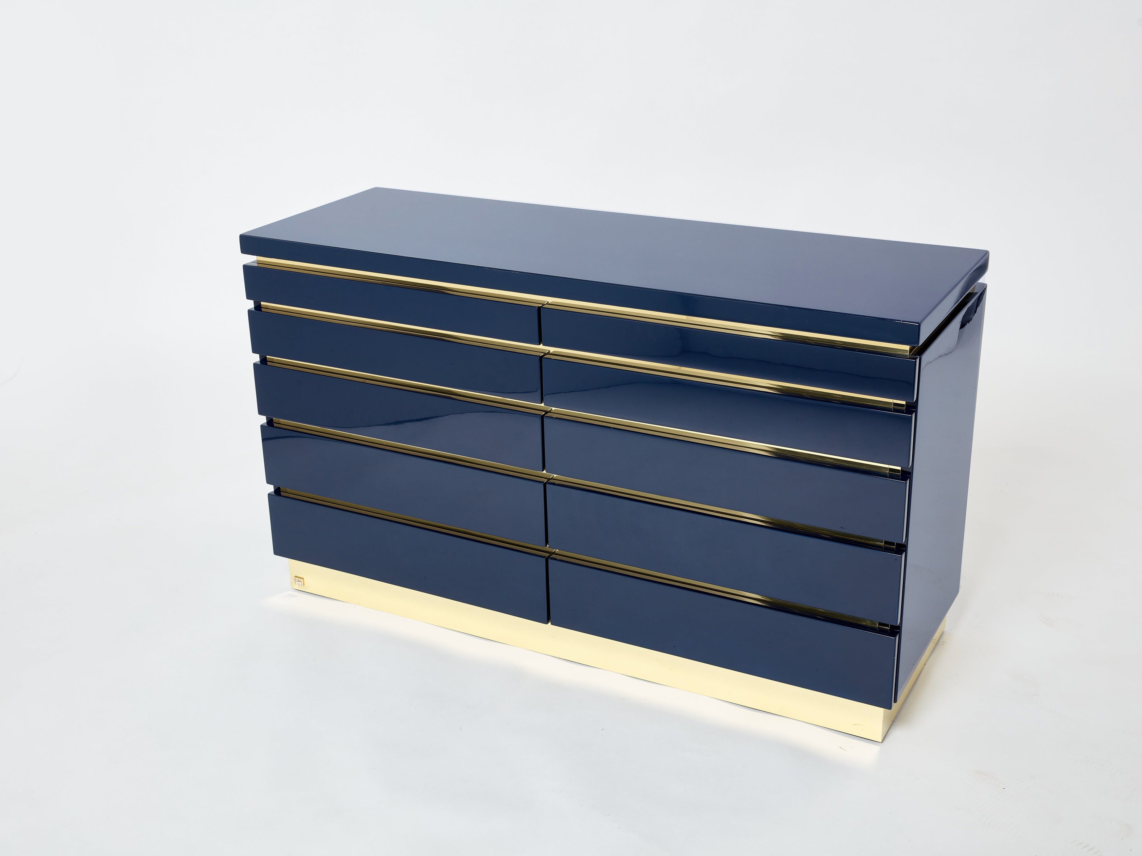 Pair of J.C. Mahey dark blue lacquered brass commodes 1970s