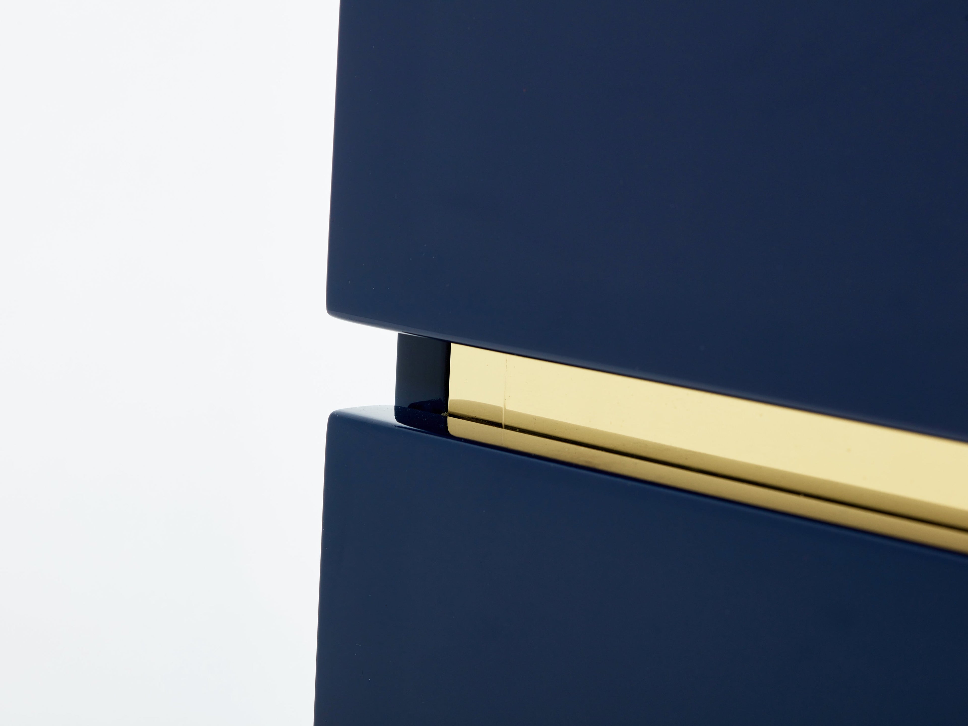 Pair of J.C. Mahey dark blue lacquered brass commodes 1970s