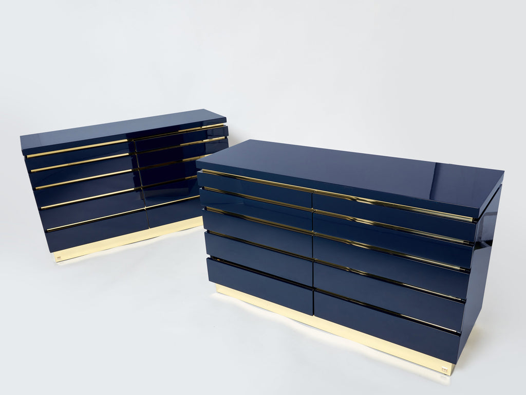 Pair of J.C. Mahey dark blue lacquered brass commodes 1970s