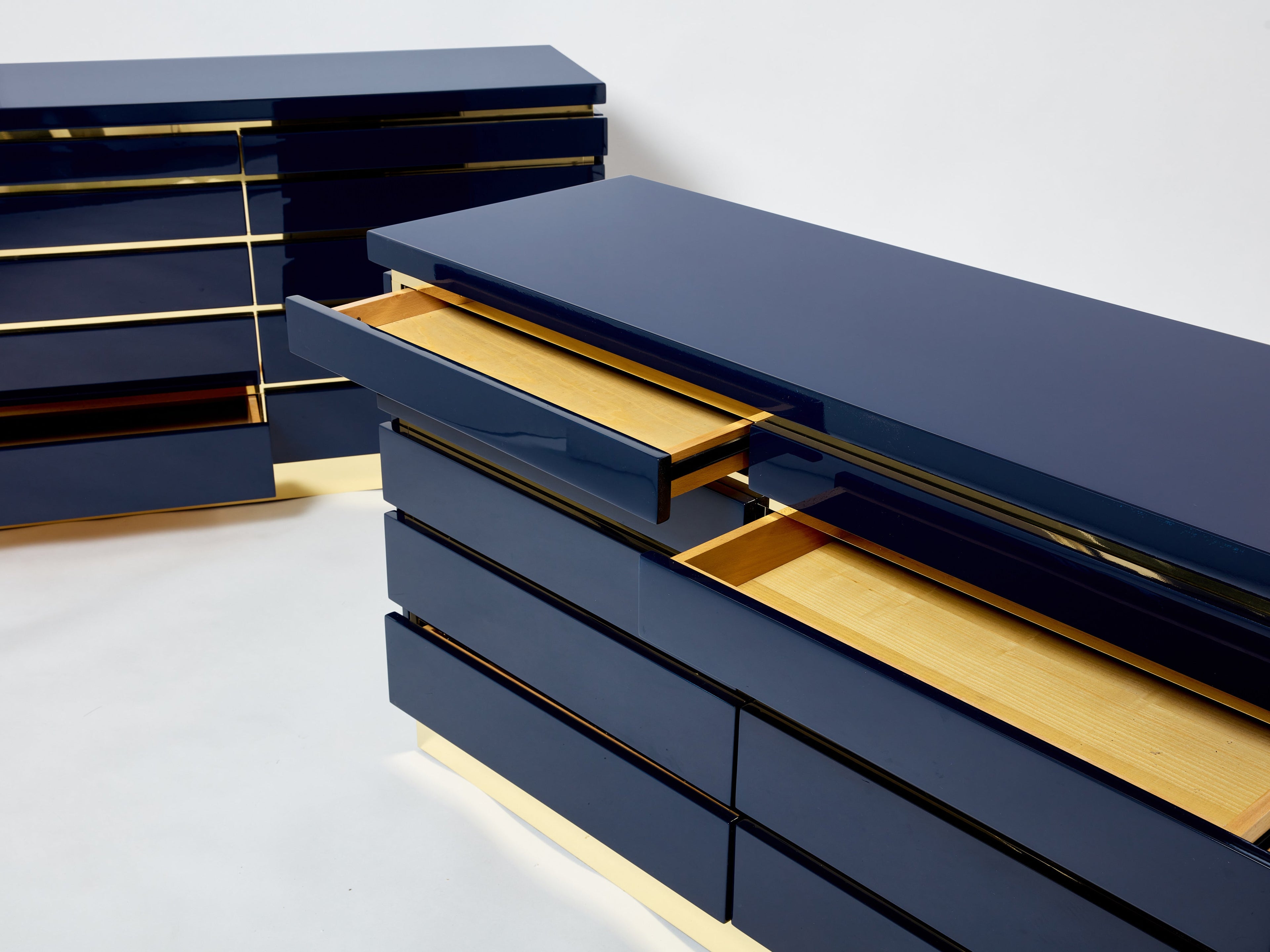 Pair of J.C. Mahey dark blue lacquered brass commodes 1970s