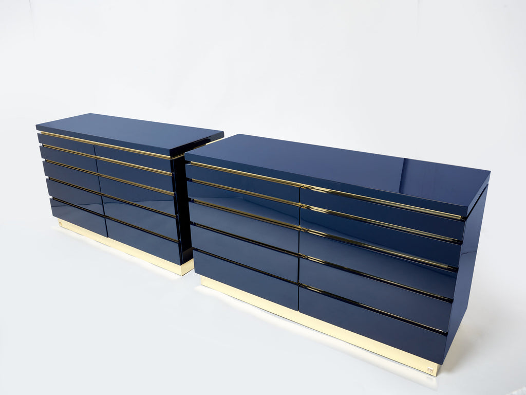 Pair of J.C. Mahey dark blue lacquered brass commodes 1970s