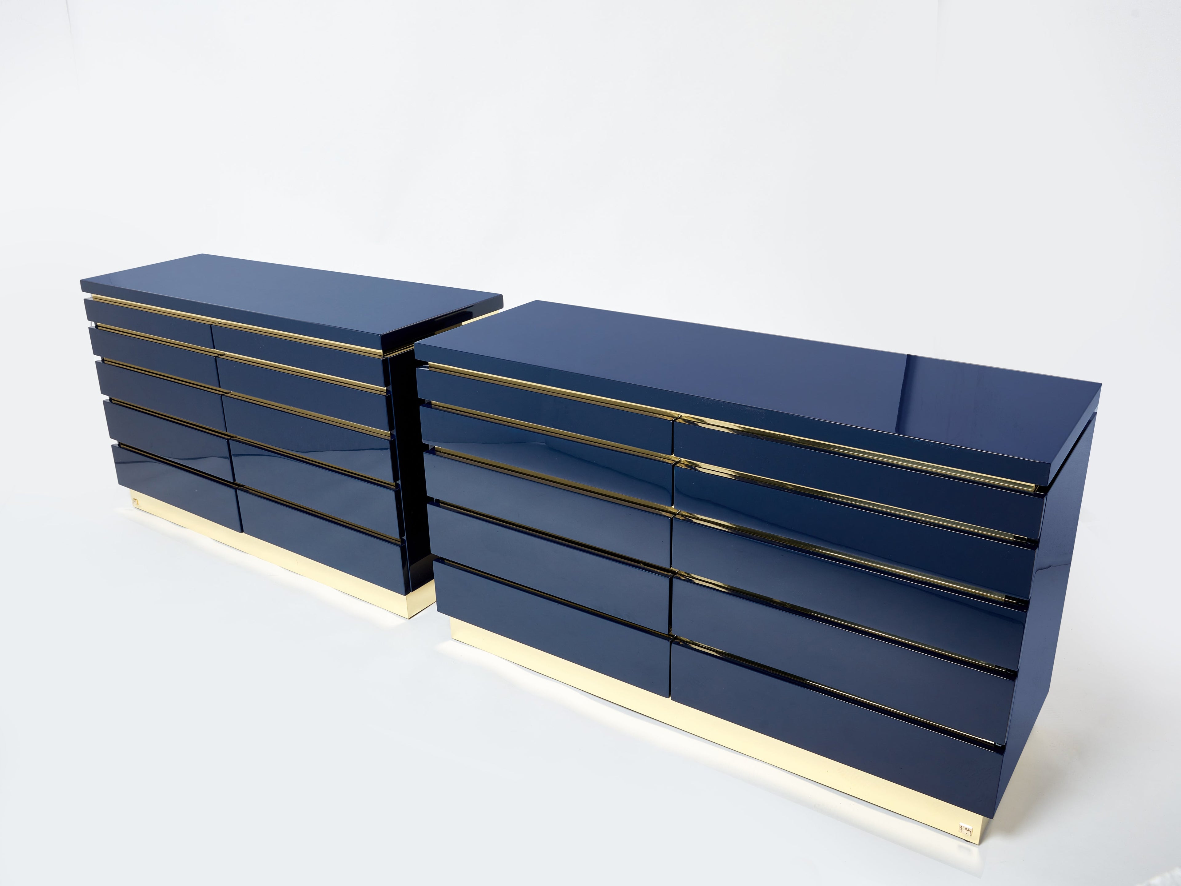 Pair of J.C. Mahey dark blue lacquered brass commodes 1970s
