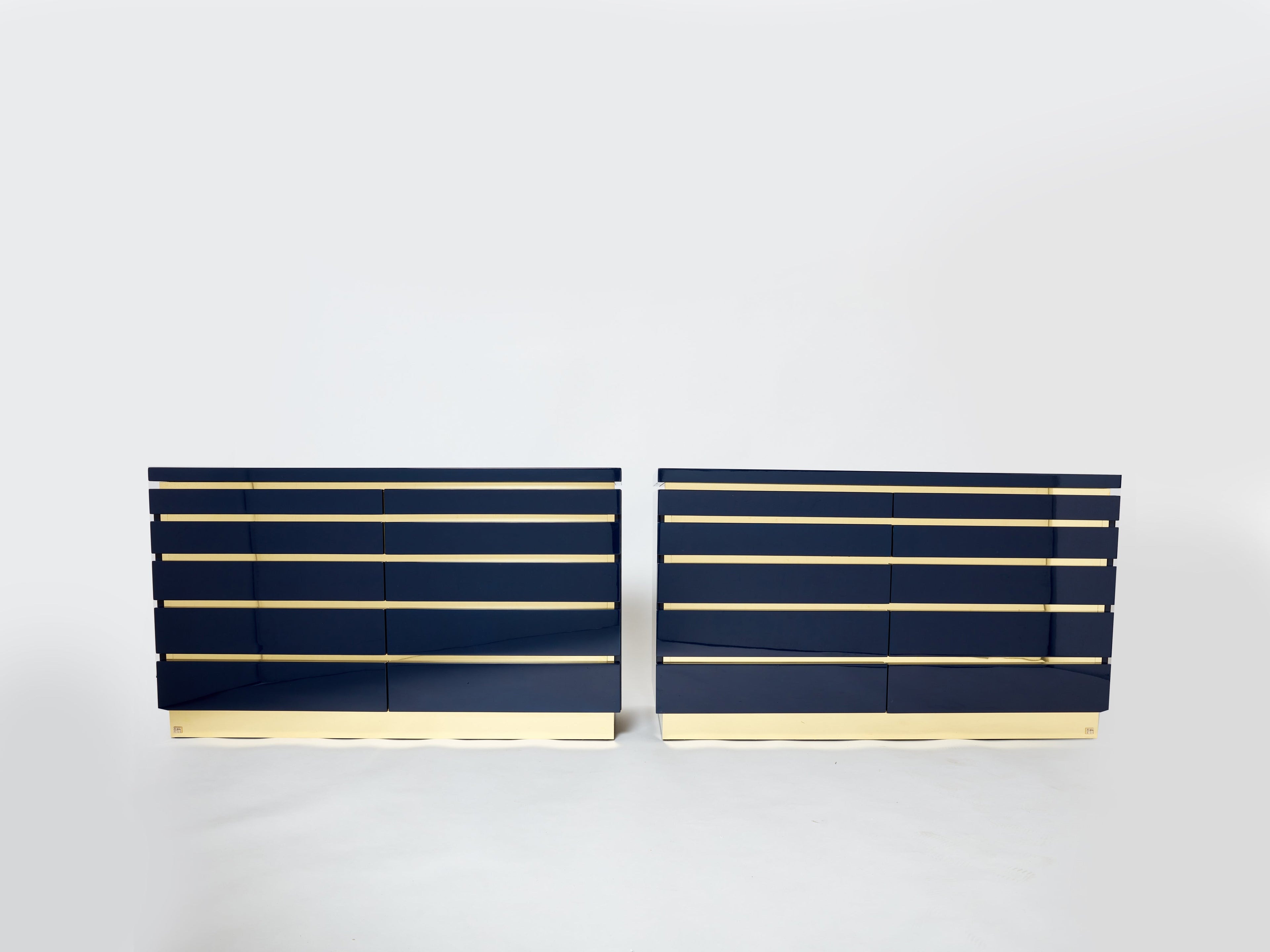 Pair of J.C. Mahey dark blue lacquered brass commodes 1970s