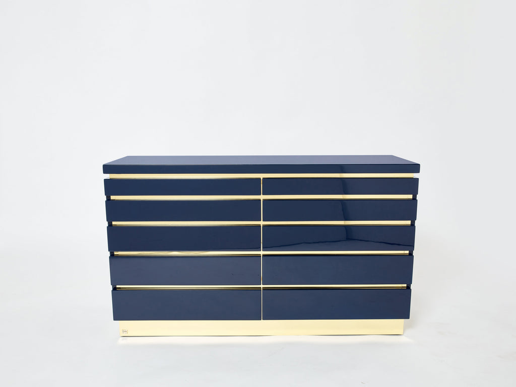 Pair of J.C. Mahey dark blue lacquered brass commodes 1970s